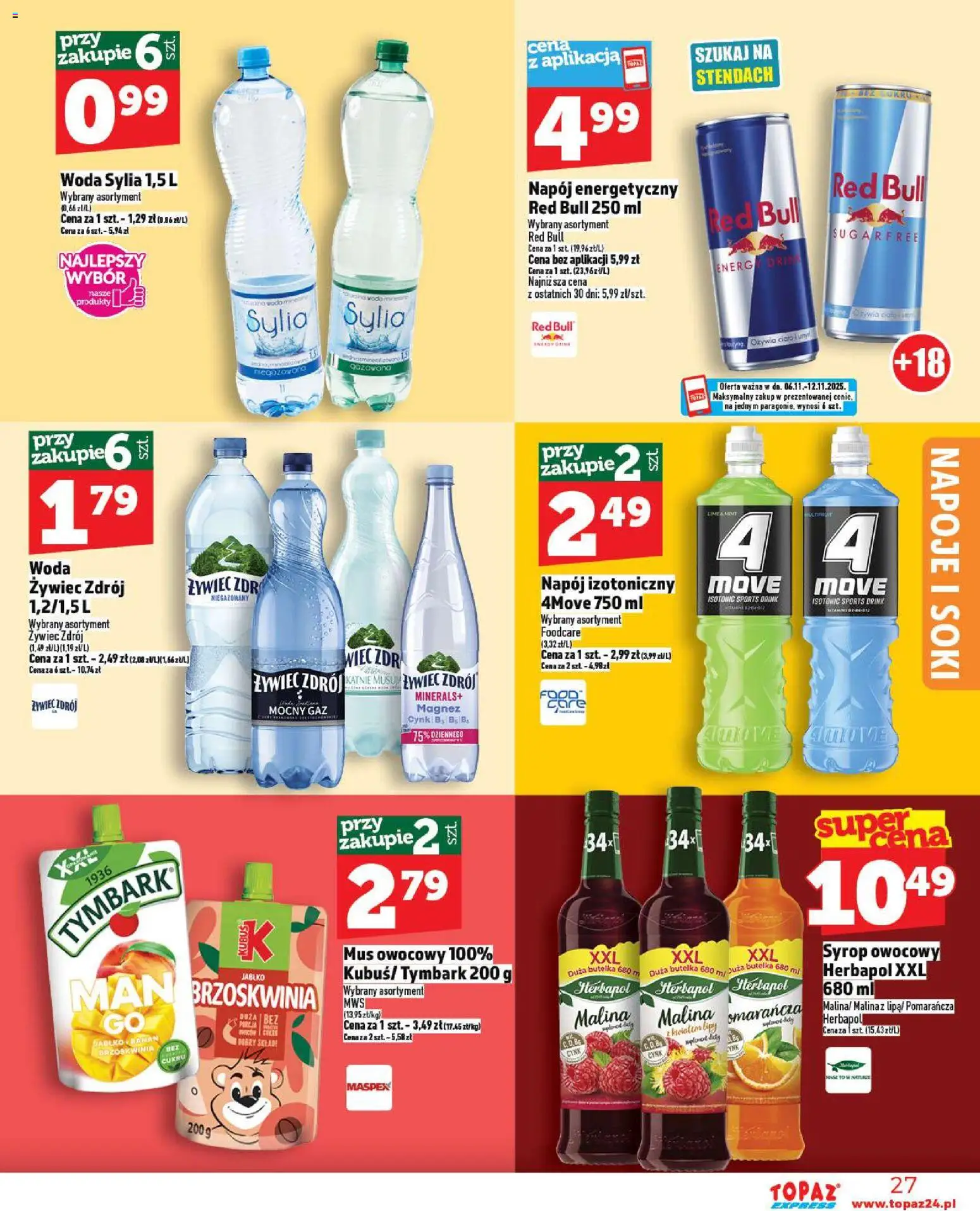 Topaz Gazetka - Express od 06.11.2025 | Strona: 27 | Produkty: Syrop, Woda żywiec, Malina, Napoje