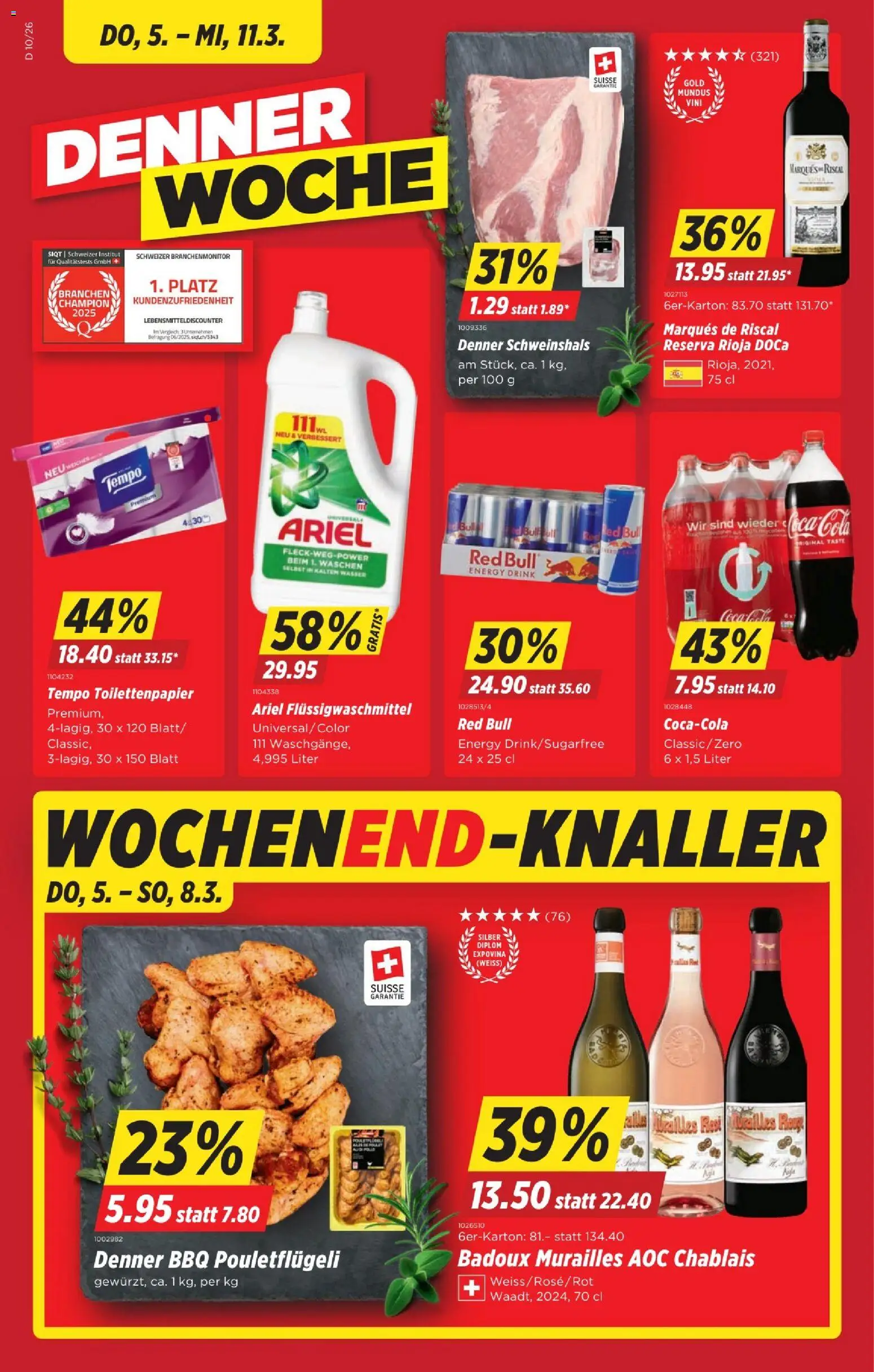 Denner aktionen – gültig ab 05.03.2026 | Seite: 1 | Produkte: Red bull, Coca Cola, Wasser, Toilettenpapier