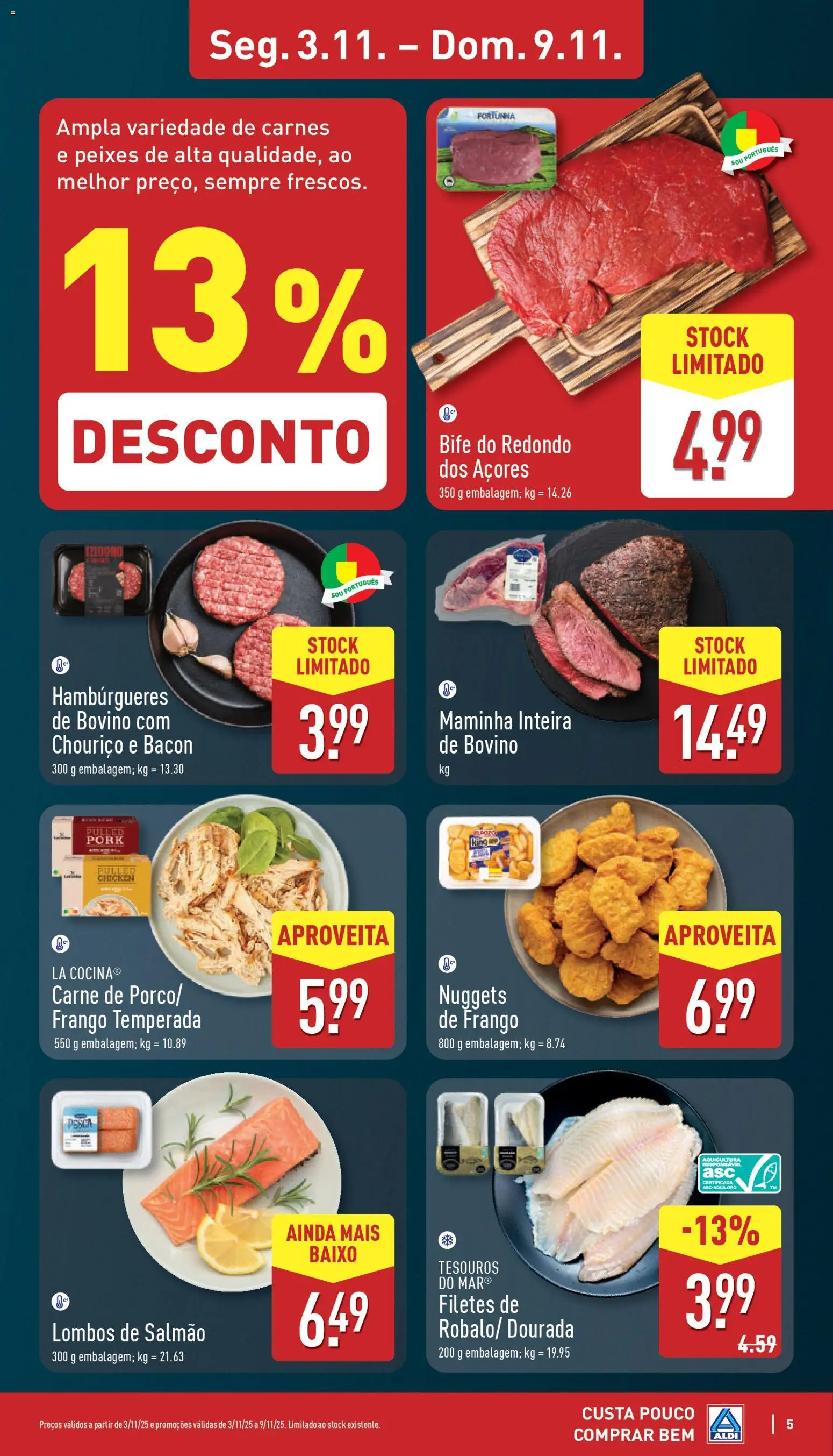 Aldi folheto │ válido de 03.11.2025 | Página: 5 | Produtos: Bacon, Salmão, Carne, Nuggets