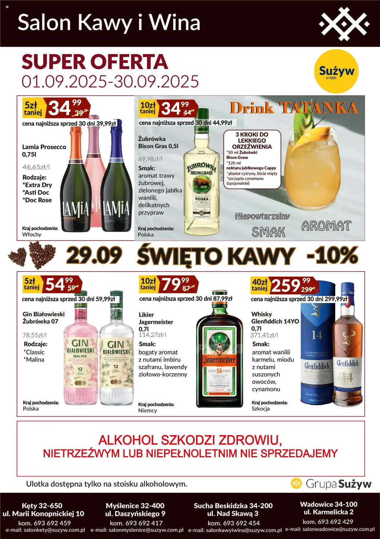 Sużyw Gazetka - Salon kawy i wina od 01.09.2025 | Strona: 1 | Produkty: Żubrówka, Vodka, Jabłka, Whisky