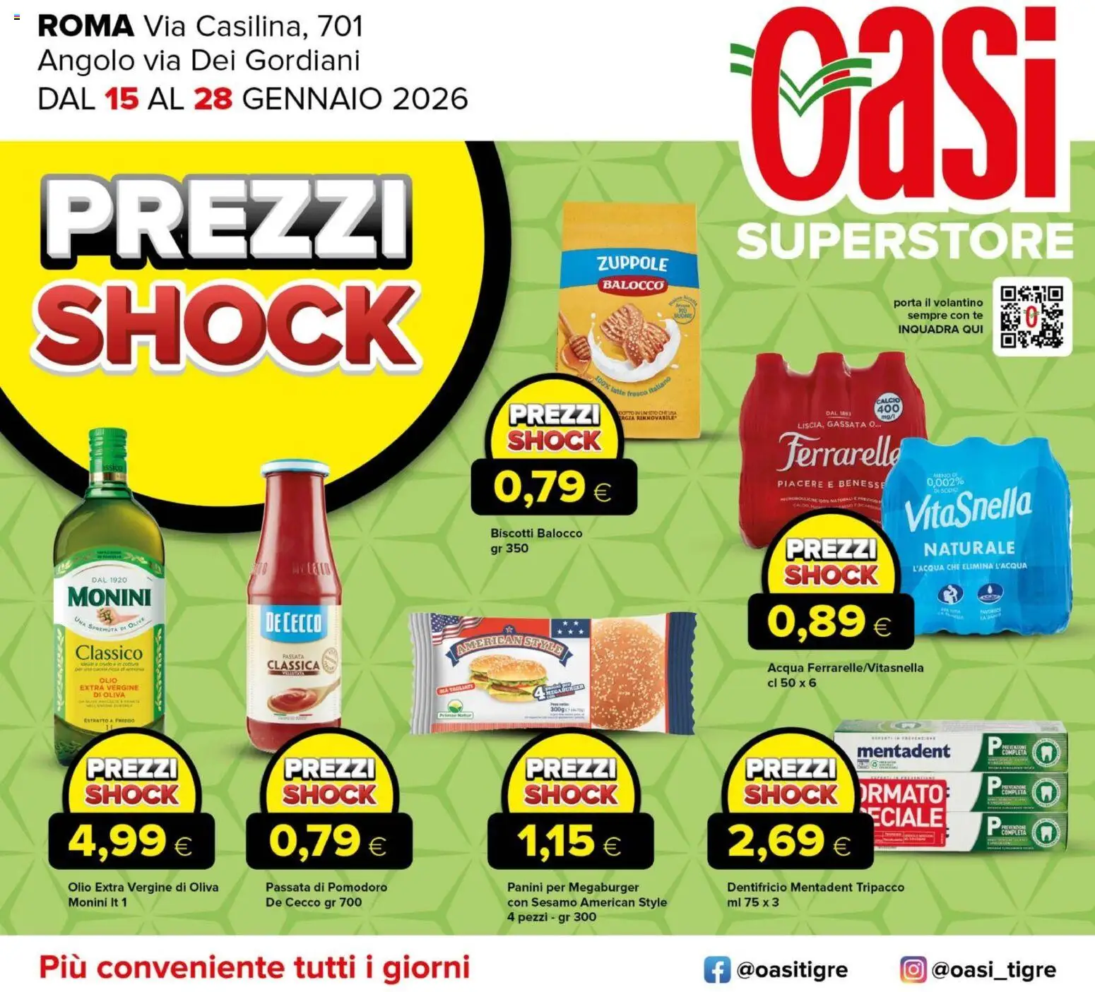 Volantino Oasi del 15.01.2026 | Pagina: 1 | Prodotti: Biscotti, Olive, Passata di pomodoro, Olio extra vergine
