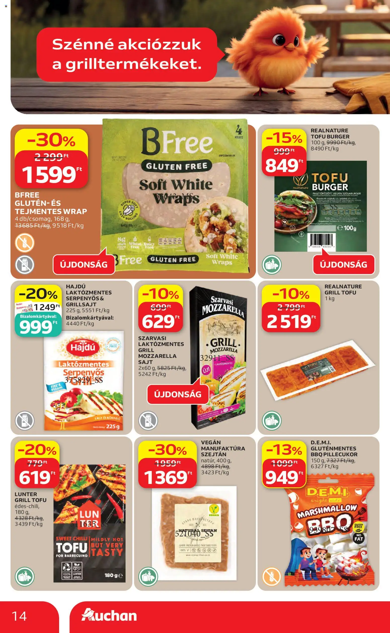Auchan akciós ujság - amely érvényes a következő dátumtól: 30.04.2026 | Oldal: 14 | Termékek: Laktózmentes sajt, Grill, Pillecukor, Tofu