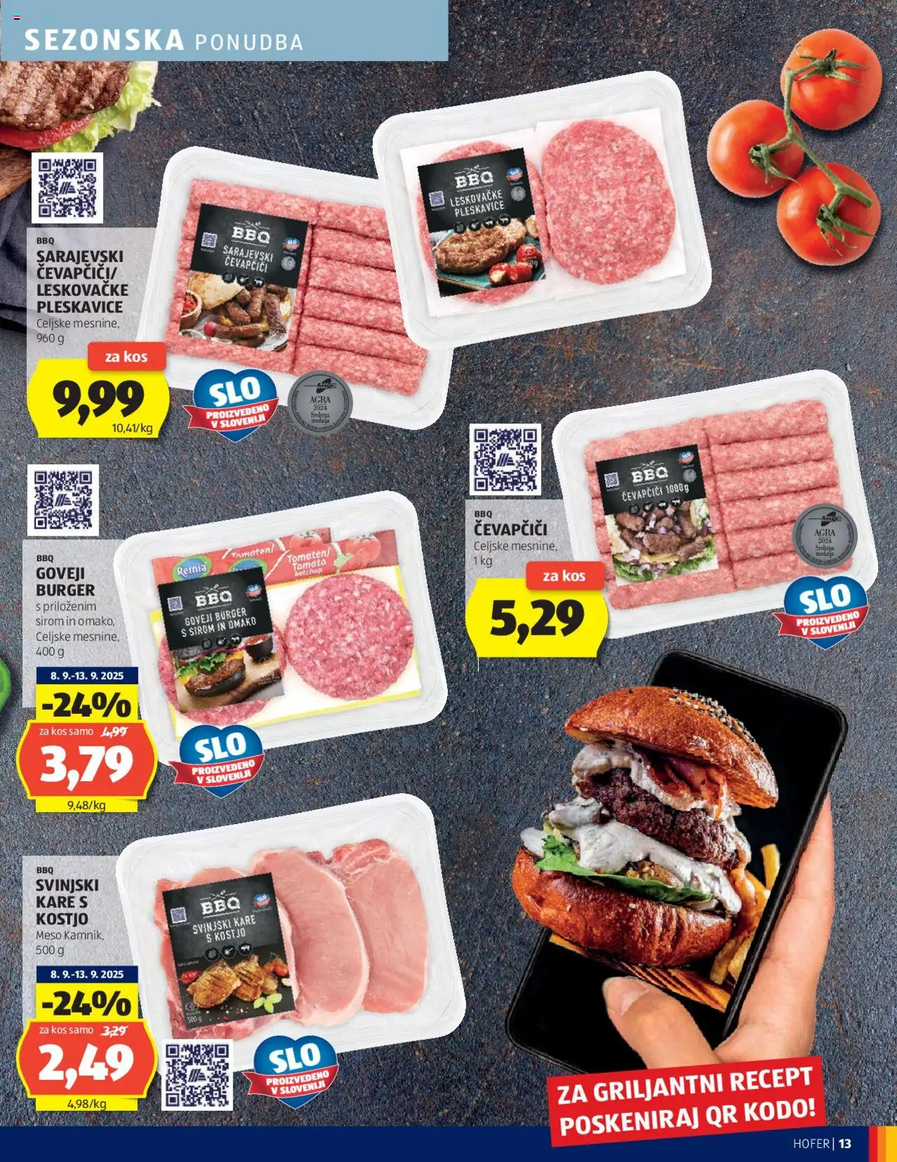 Novi Hofer katalog ponudbe – veljaven od 11.09.2025 | Stran: 13 | Izdelki: Čevapčiči, Pleskavice, Kos
