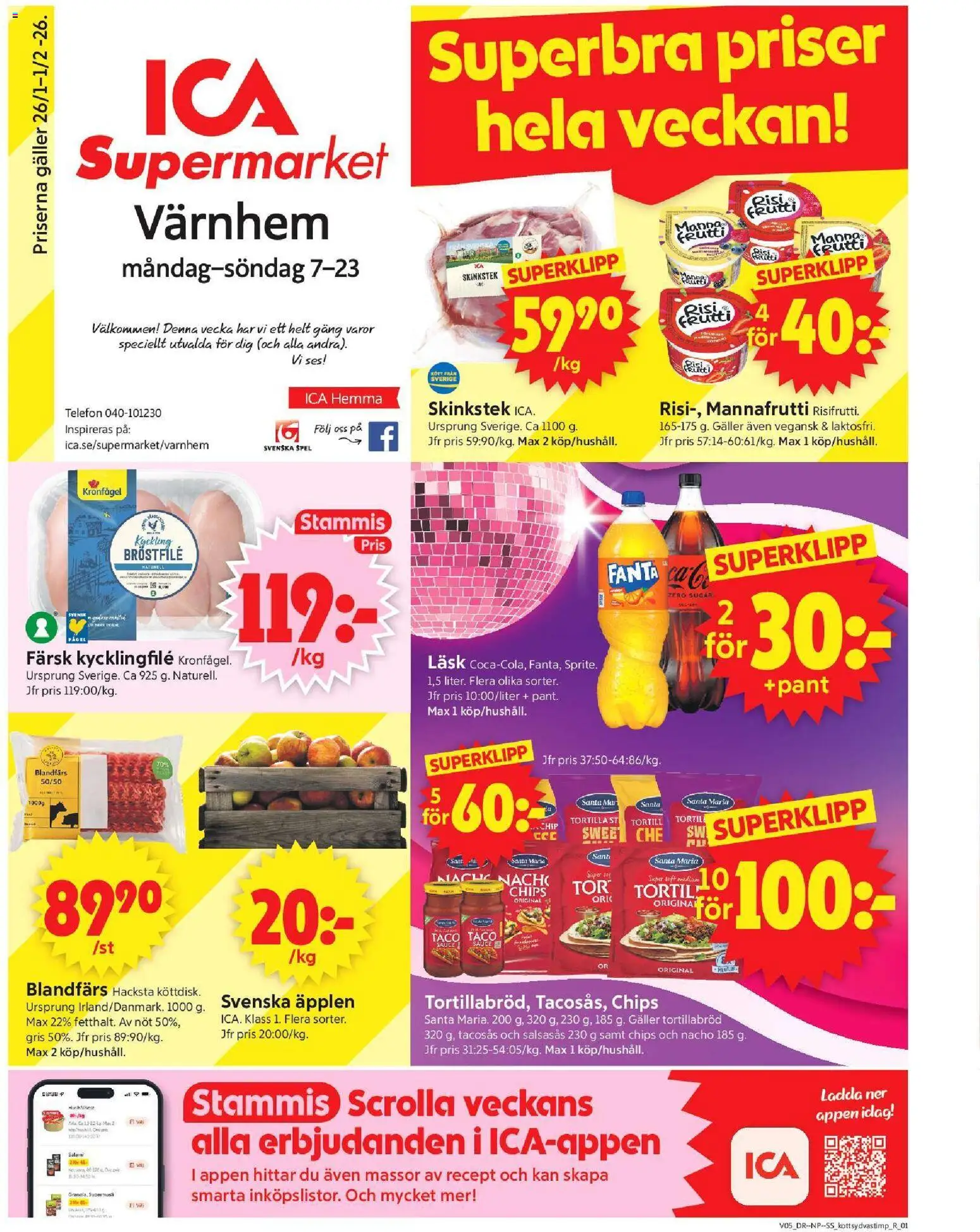 ICA Supermarket reklamblad aktuell från 26.01.2026 | Sida: 1 | Produkter: Tacosås, Kycklingfile, Äpplen, Telefon