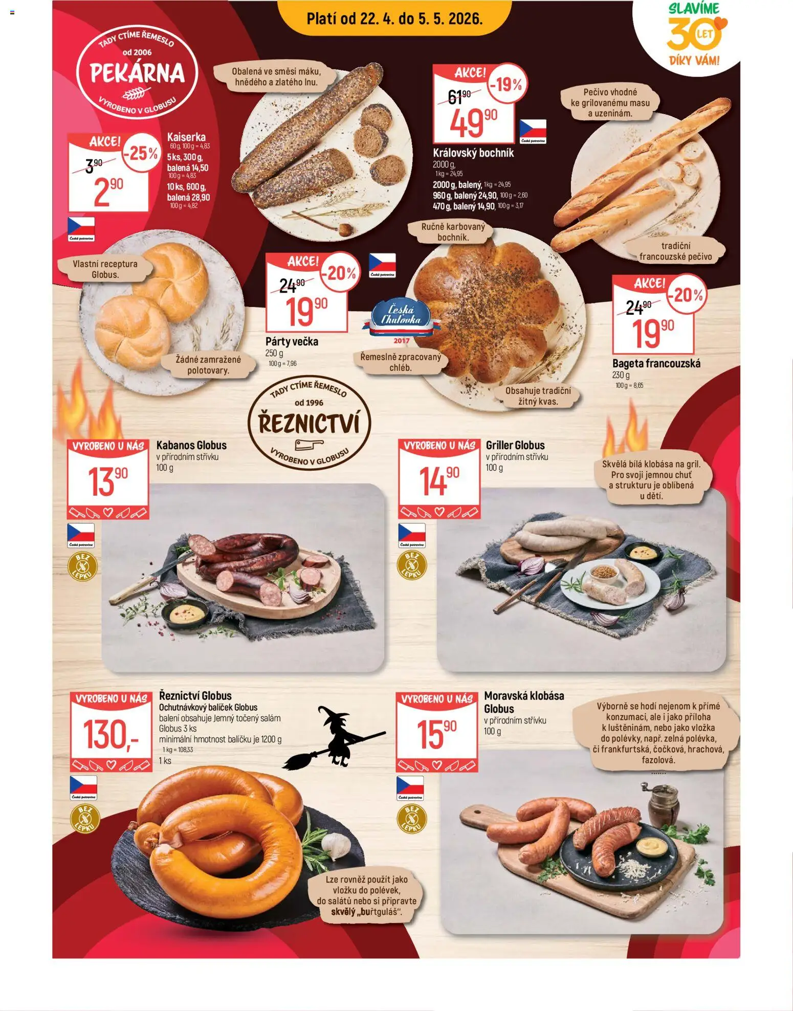 Globus leták - Praha Čakovice od 22.04.2026 | Strana: 2 | Produkty: Kaiserka, Klobása, Kabanos, Pečivo
