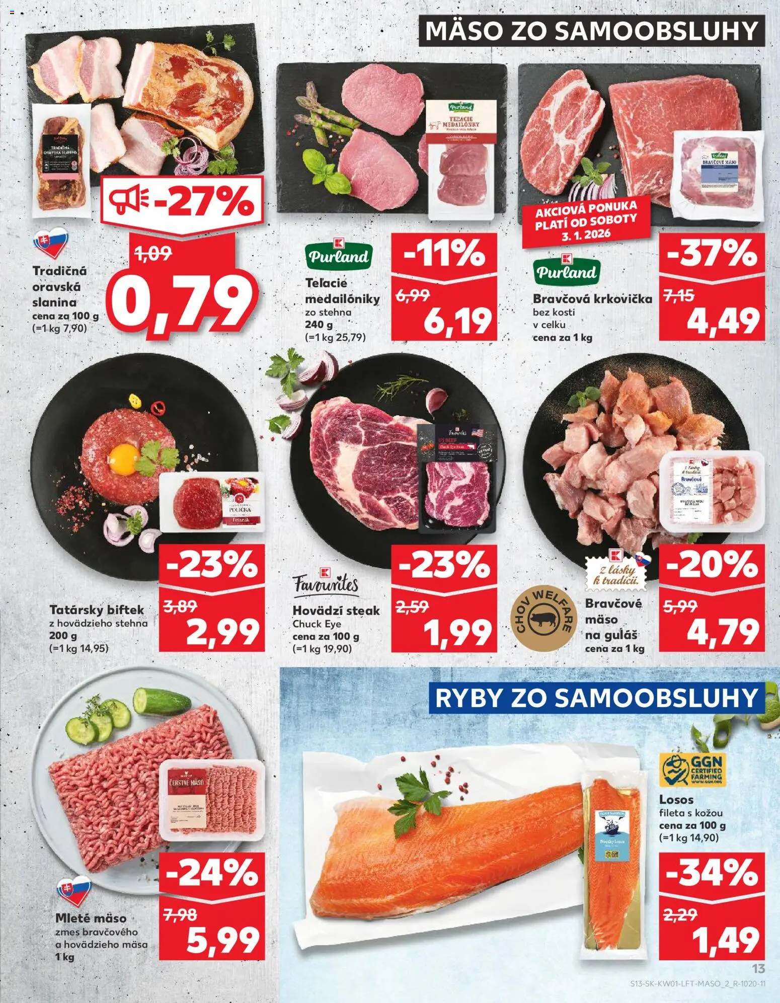Nové Kaufland akcie – leták je platný od 02.01.2026 | Strana: 13 | Produkty: Bravčová krkovička, Losos, Bravčové mäso, Steak