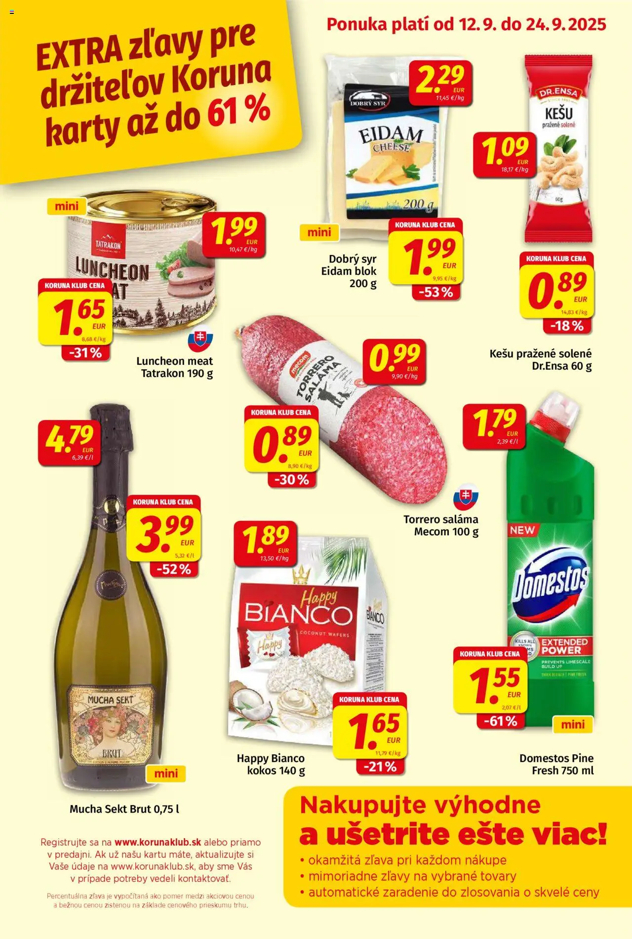 Nové Koruna akcie – leták je platný od 12.09.2025 | Strana: 9 | Produkty: Syr, Saláma, Eidam, Domestos
