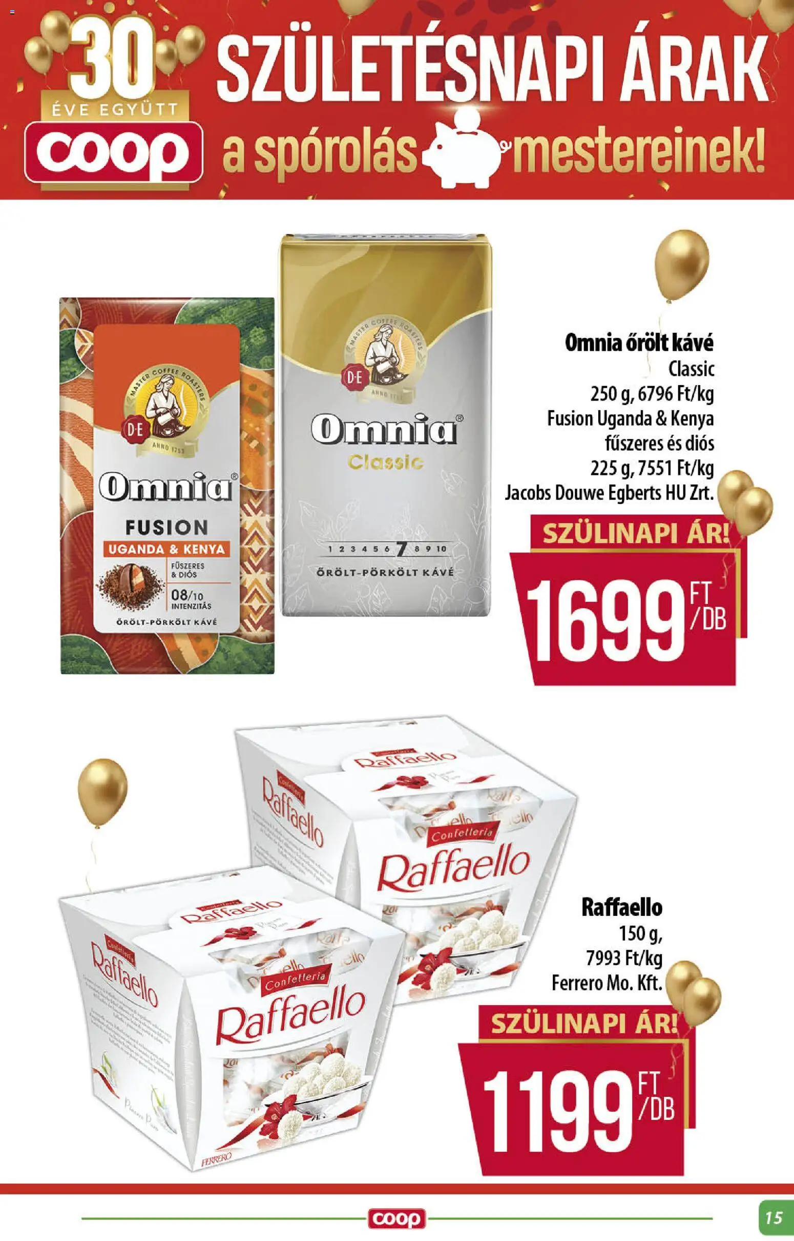 COOP akciós ujság - amely érvényes a következő dátumtól: 13.11.2025 | Oldal: 15 | Termékek: Raffaello, Kávé, Őrölt kávé