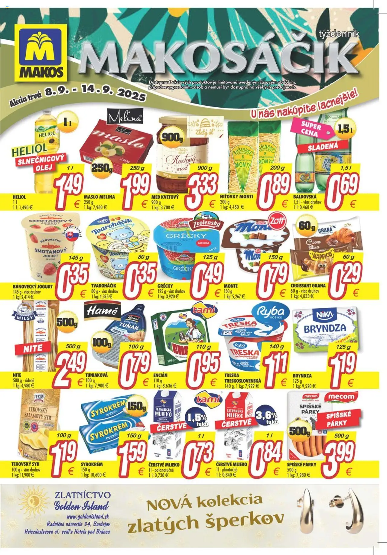 Nové Makos akcie – leták je platný od 08.09.2025 | Strana: 2 | Produkty: Mlieko, Ryba, Encián, Párky