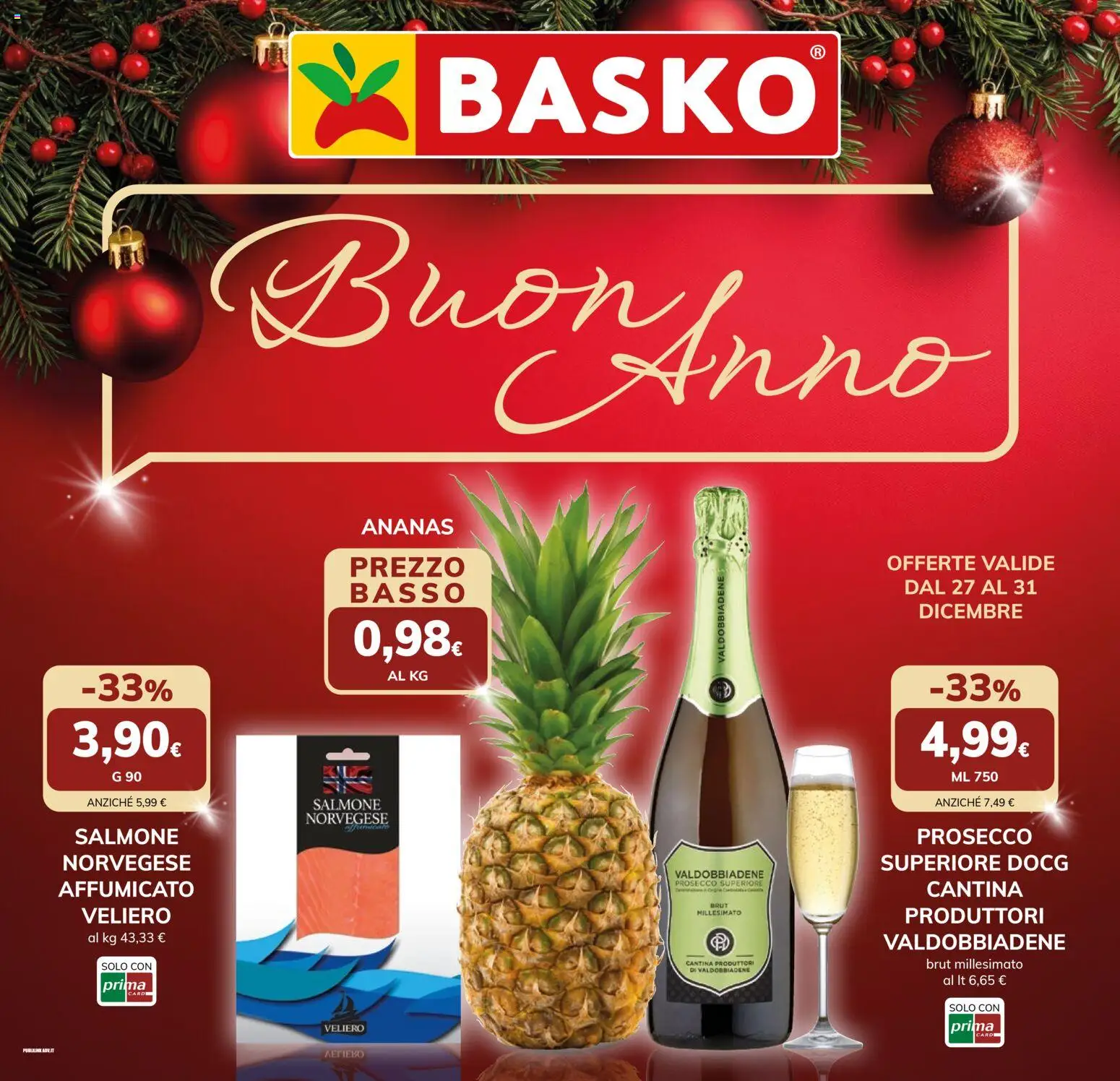 Volantino Basko del 27.12.2025 | Pagina: 1 | Prodotti: Salmone, Prosecco, Ananas