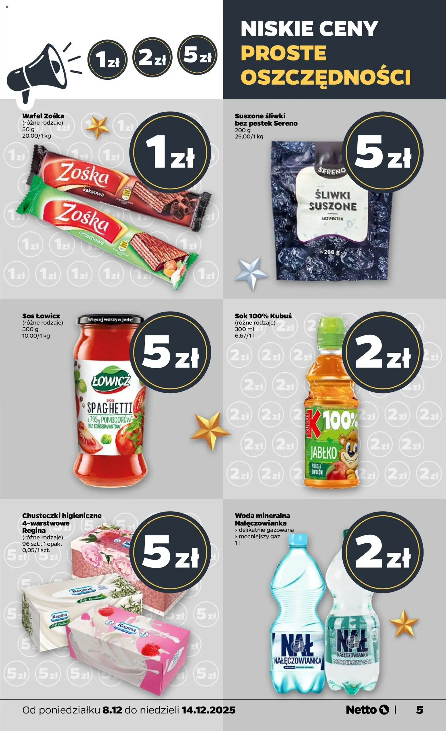 Netto gazetka - Spożywcza od 08.12.2025 | Strona: 5 | Produkty: Chusteczki higieniczne, Śliwki, Sok, Sos