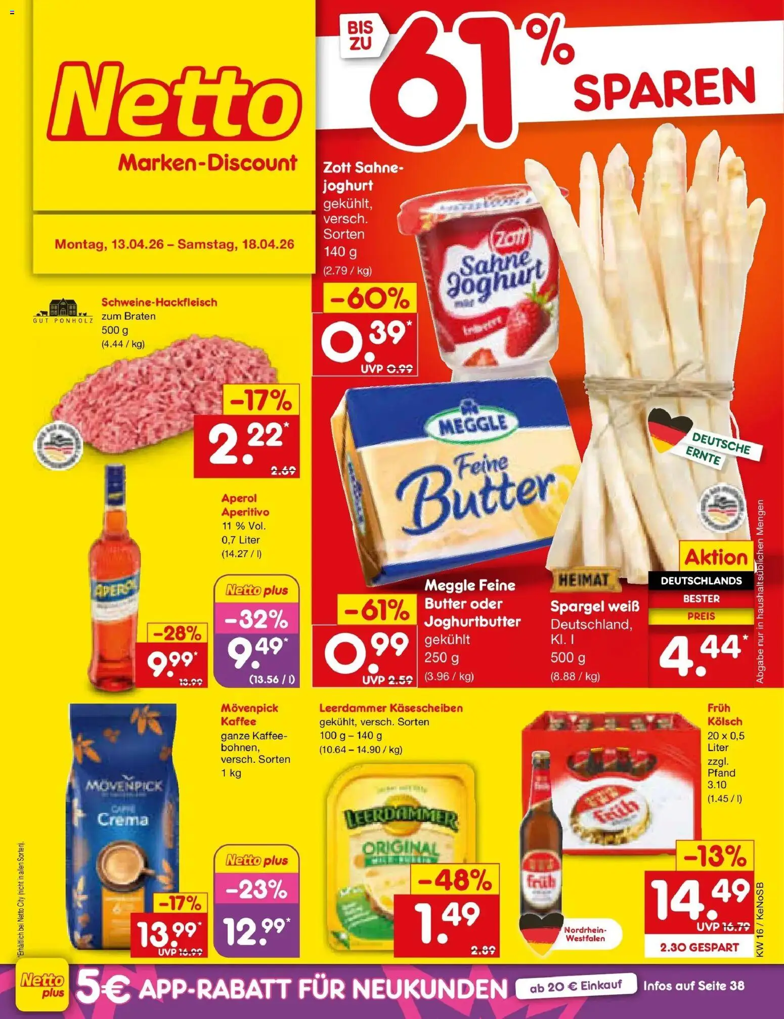 Netto Marken-Discount Prospekt Bonn	 – gültig ab 13.04.2026 | Seite: 1 | Produkte: Butter, Joghurt, Spargel, Aperol
