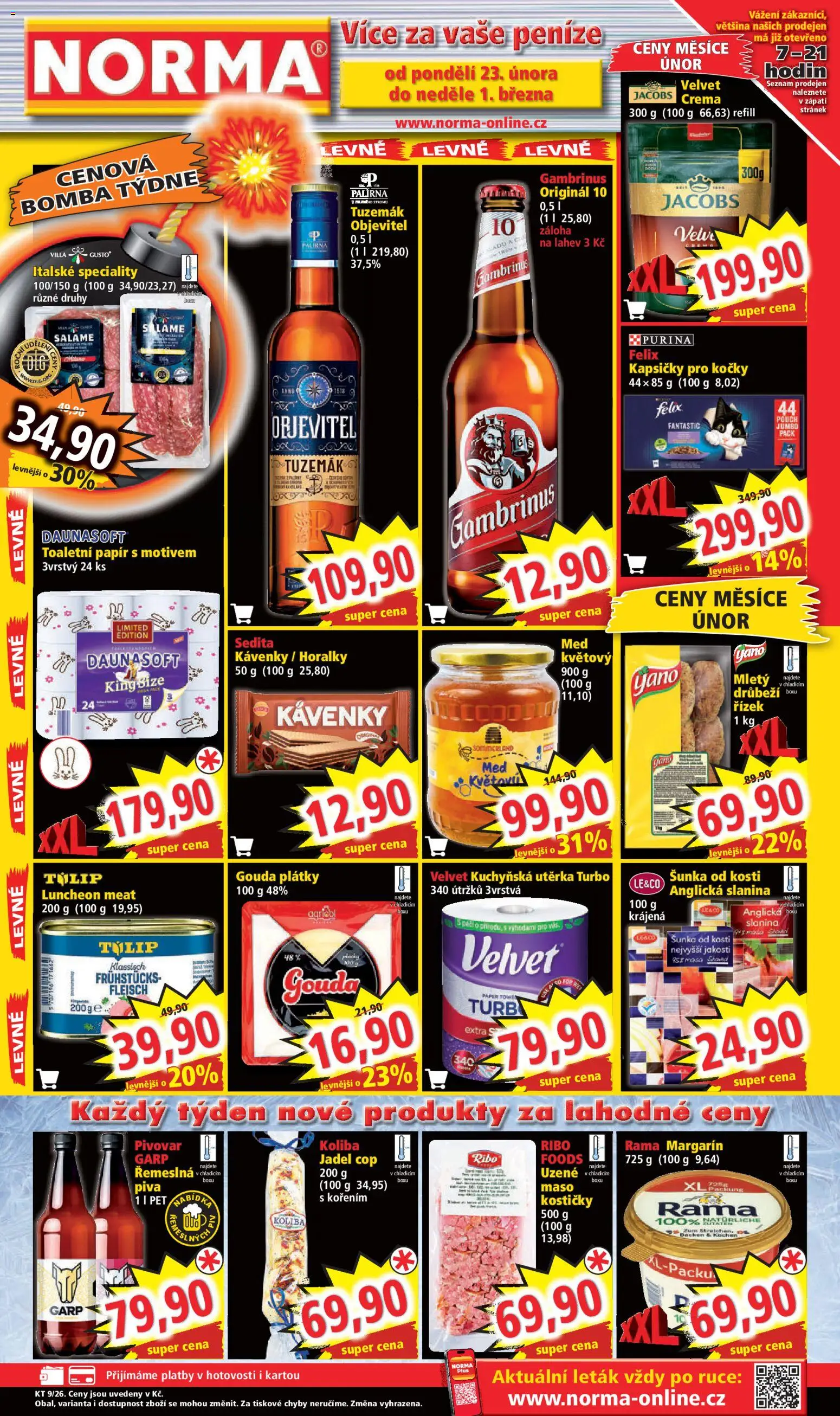 Norma leták od 23.02.2026 | Strana: 1 | Produkty: Luncheon meat, Toaletní papír, Jacobs, Maso