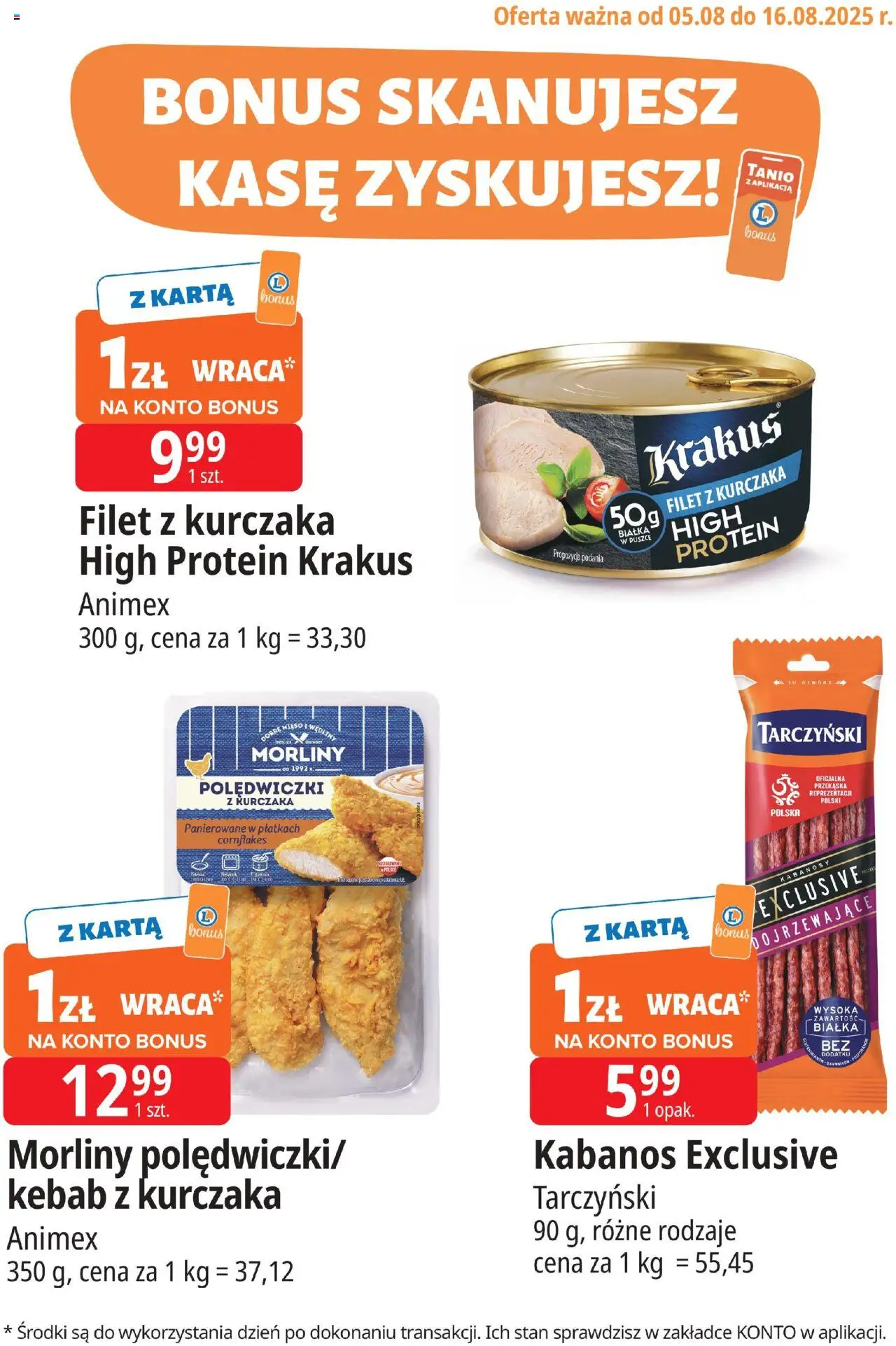 E.Leclerc Gazetka - Kłodzko kupony dodatkowe od 05.08.2025 | Strona: 1 | Produkty: Karta, Kebab, Mięso, Filet z kurczaka