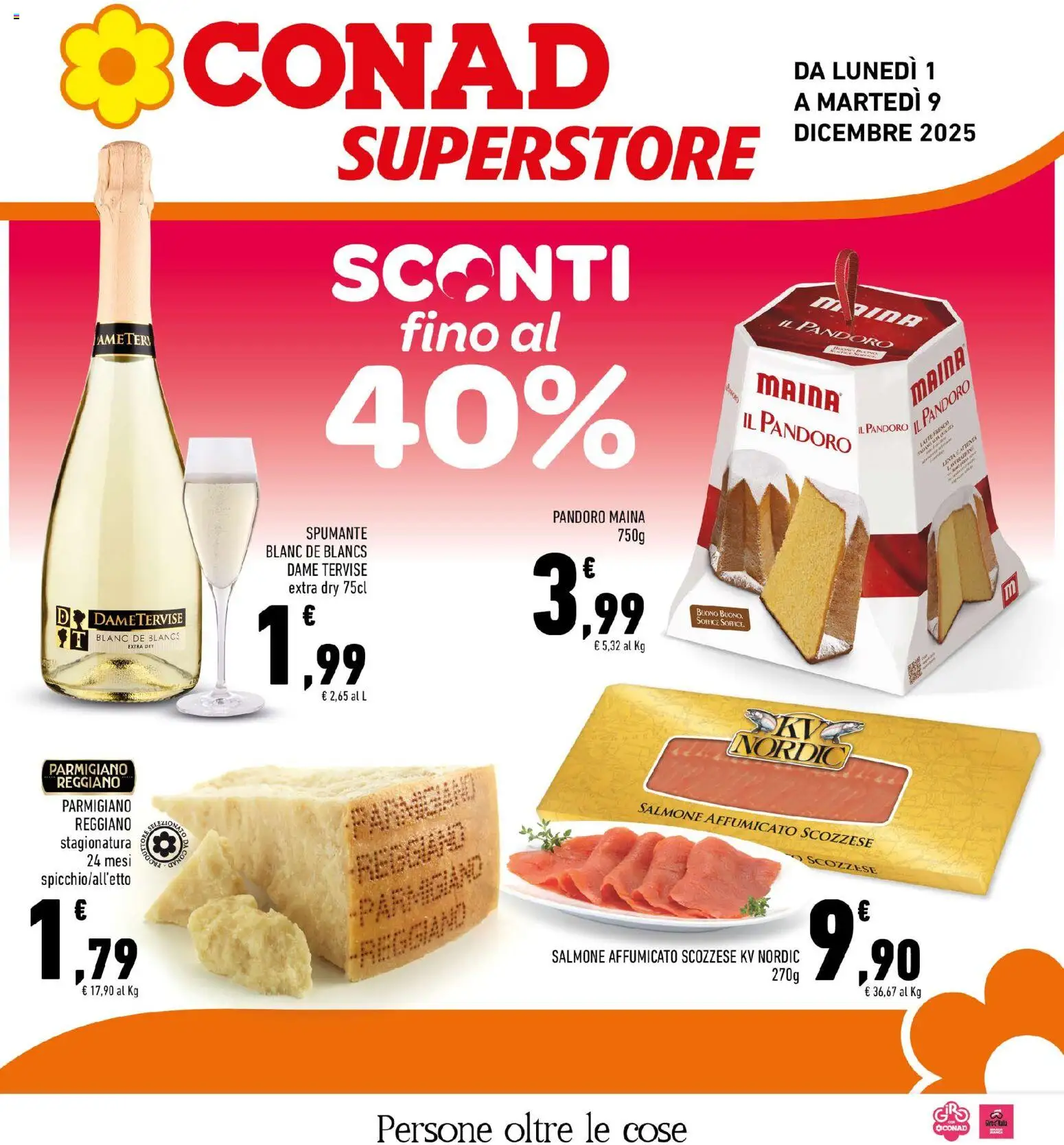 Volantino Conad del 01.12.2025 | Pagina: 1 | Prodotti: Salmone affumicato, Latte, Pandoro, Parmigiano reggiano