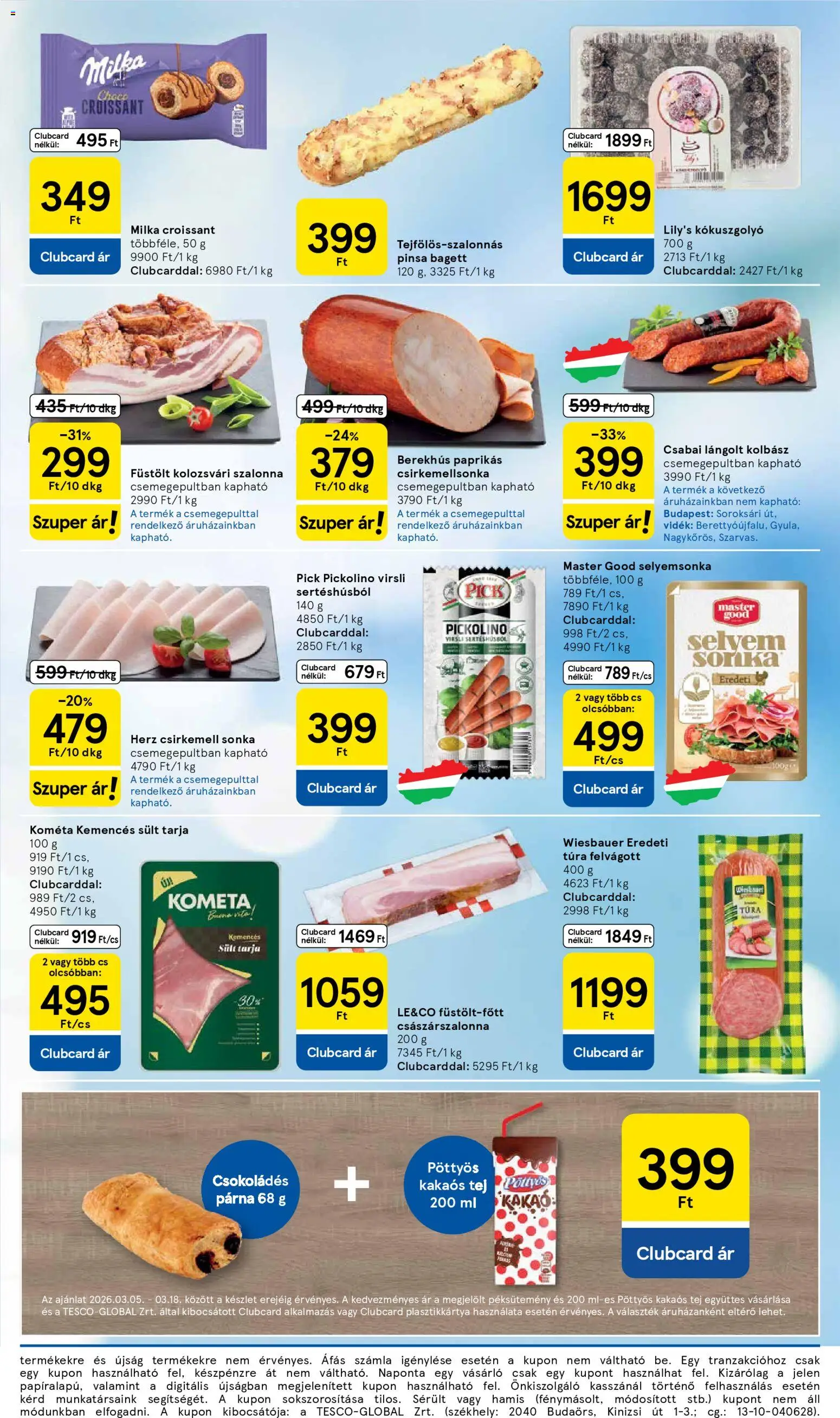 Tesco akciós ujság - amely érvényes a következő dátumtól: 12.03.2026 | Oldal: 3 | Termékek: Croissant, Bagett, Párna, Sonka