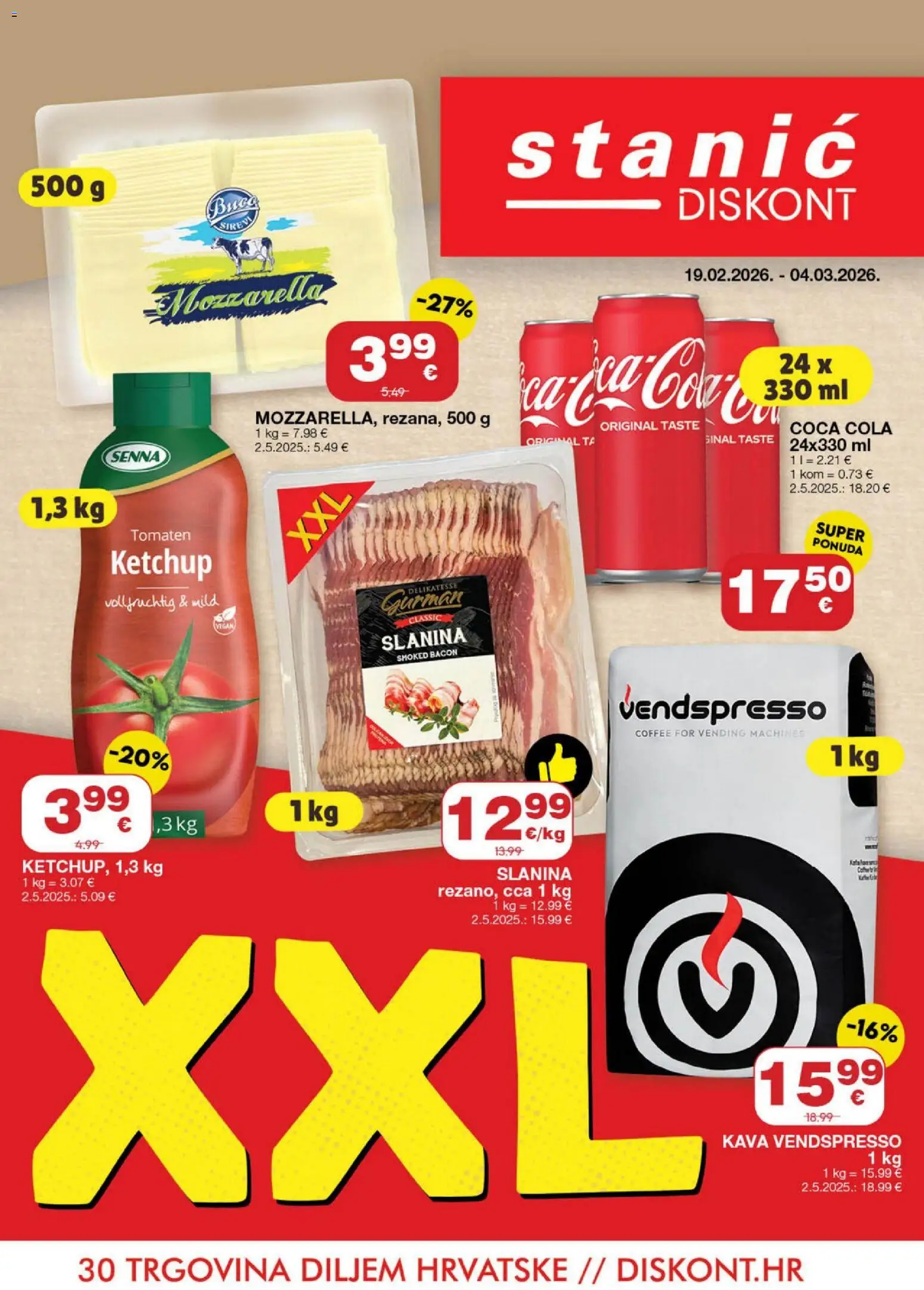 Stanić Diskont katalog | vrijedi od 19.02.2026 | Stranica: 1 | Proizvodi: Coca cola, Mozzarella, Kava, Slanina