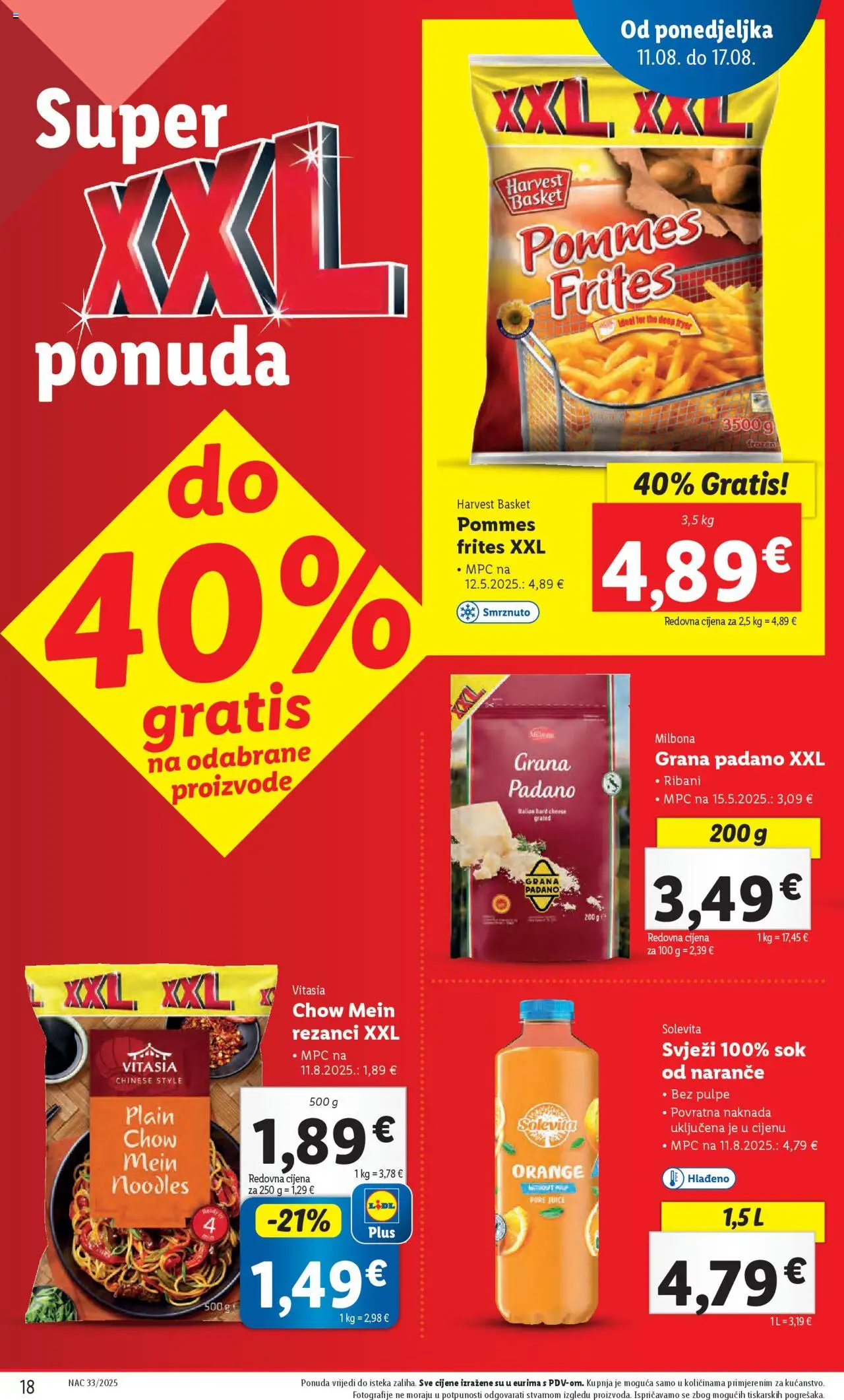 Lidl katalog | vrijedi od 11.08.2025 | Stranica: 18 | Proizvodi: Grana Padano, Pommes frites, Sok, Naranče