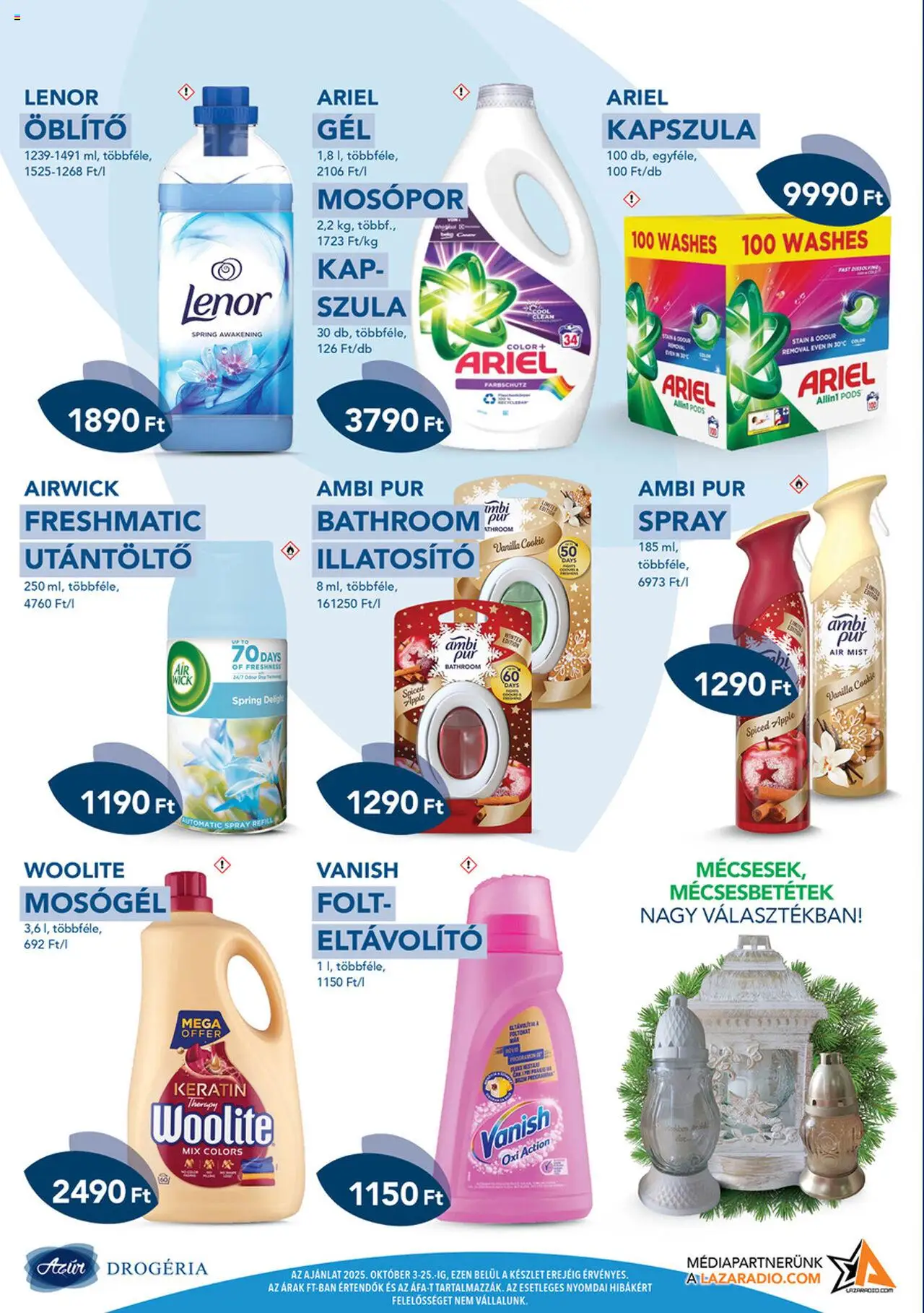 Azur akciós ujság - amely érvényes a következő dátumtól: 03.10.2025 | Oldal: 3 | Termékek: Ariel, Mosógél, Öblítő, Mosópor