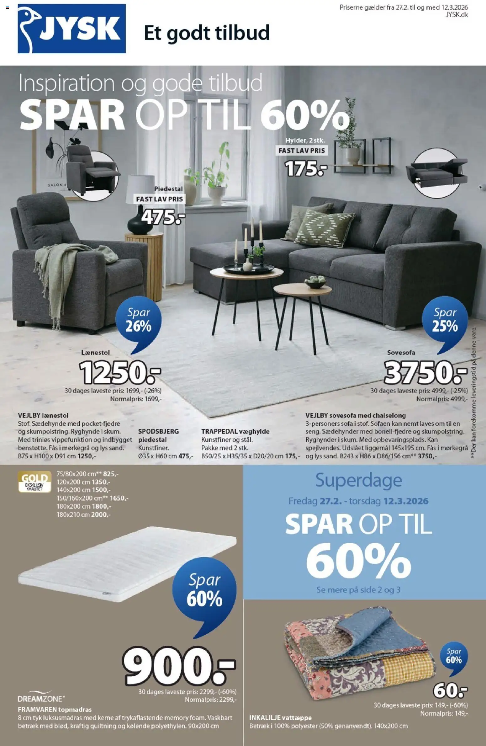 JYSK tilbudsavis – gyldig fra 27.02.2026 | Side: 1 | Produkter: Sofa, Lænestol