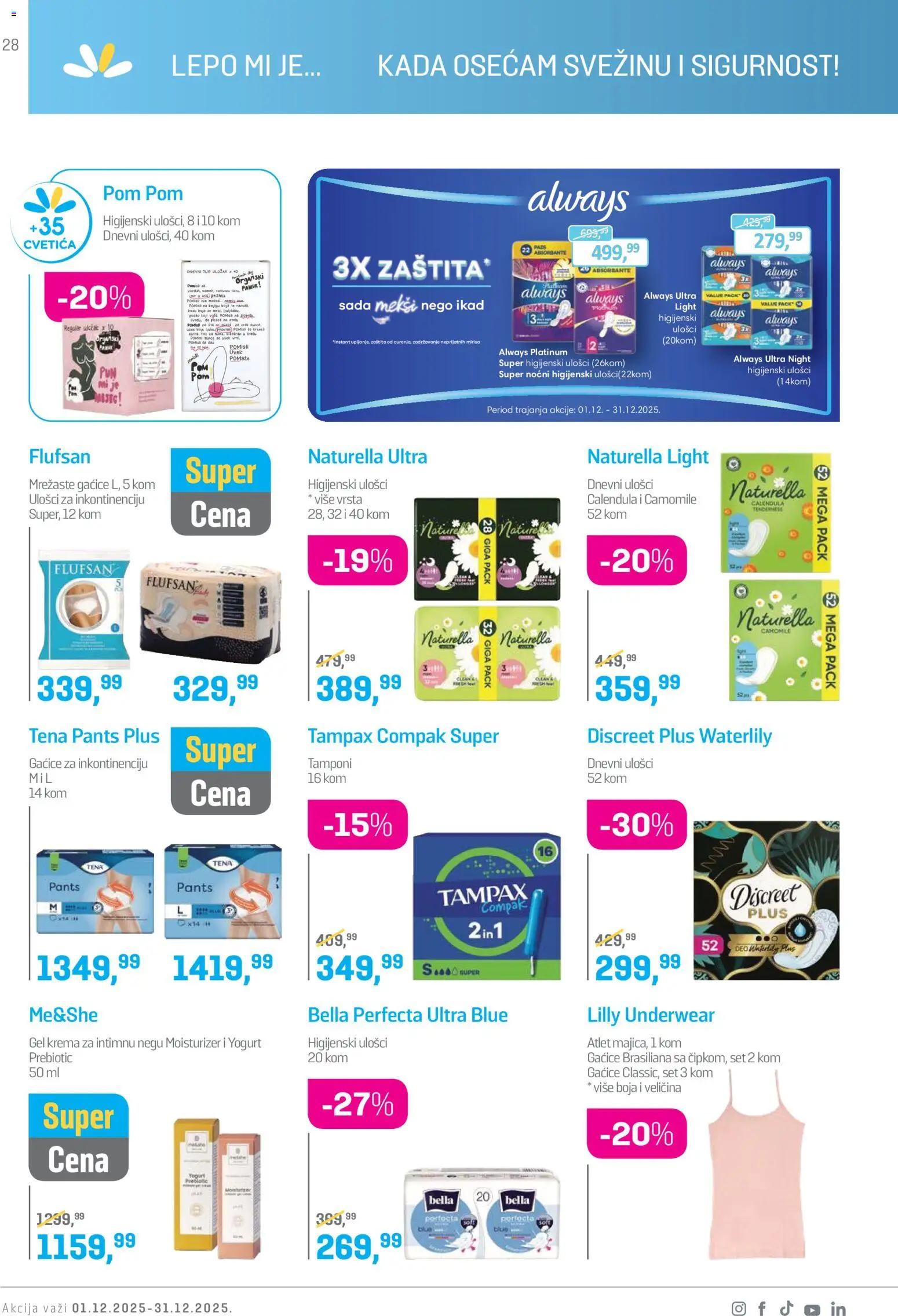 Lilly drogerie katalog - važi od 01.12.2025 | Strana: 28 | Proizvode: Higijenski ulošci, Krema, Gaćice