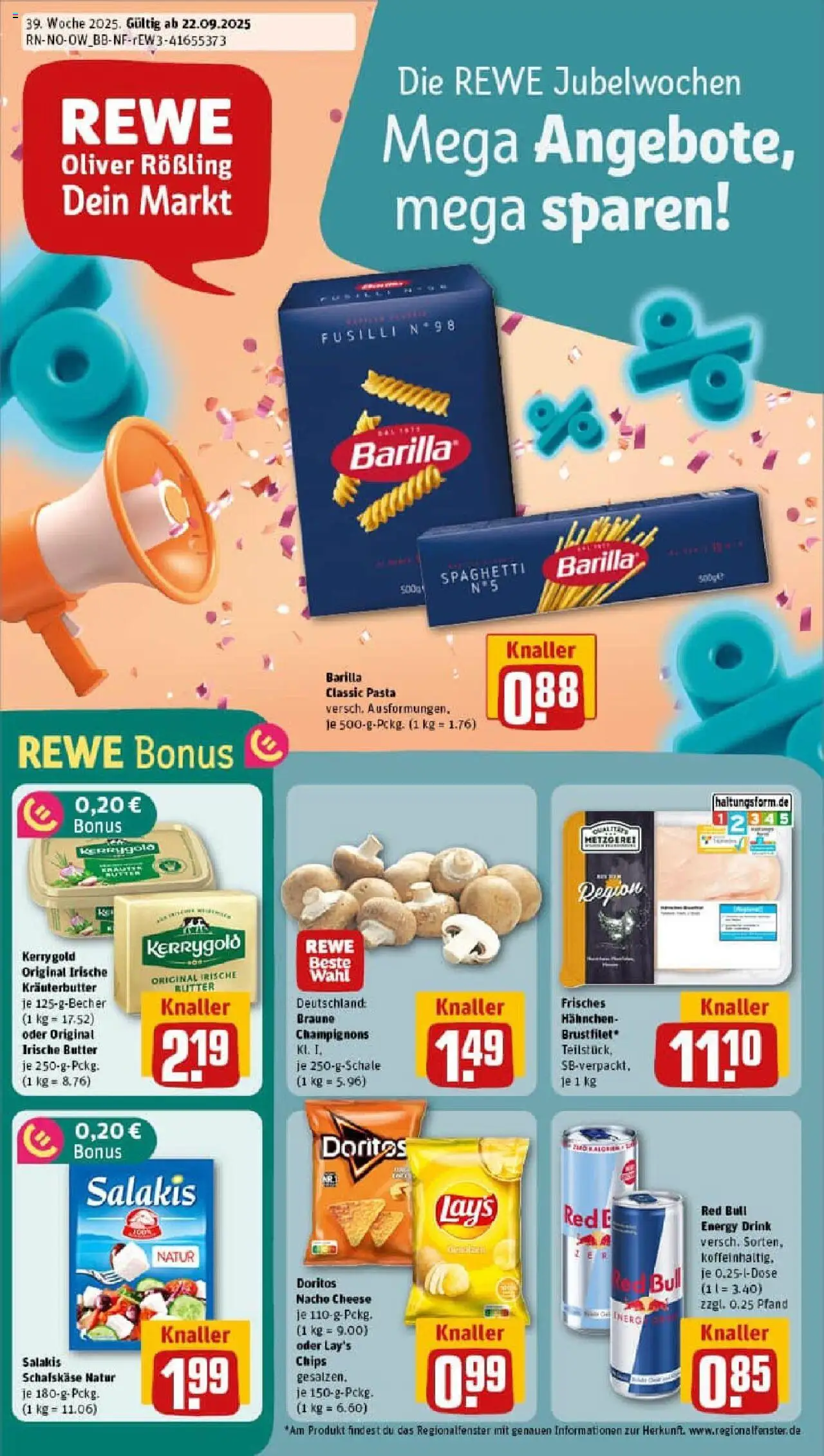 Rewe prospekt Warburg/Scherfede	 – gültig ab 21.09.2025 | Seite: 1 | Produkte: Energy, Butter, Champignons, Salakis