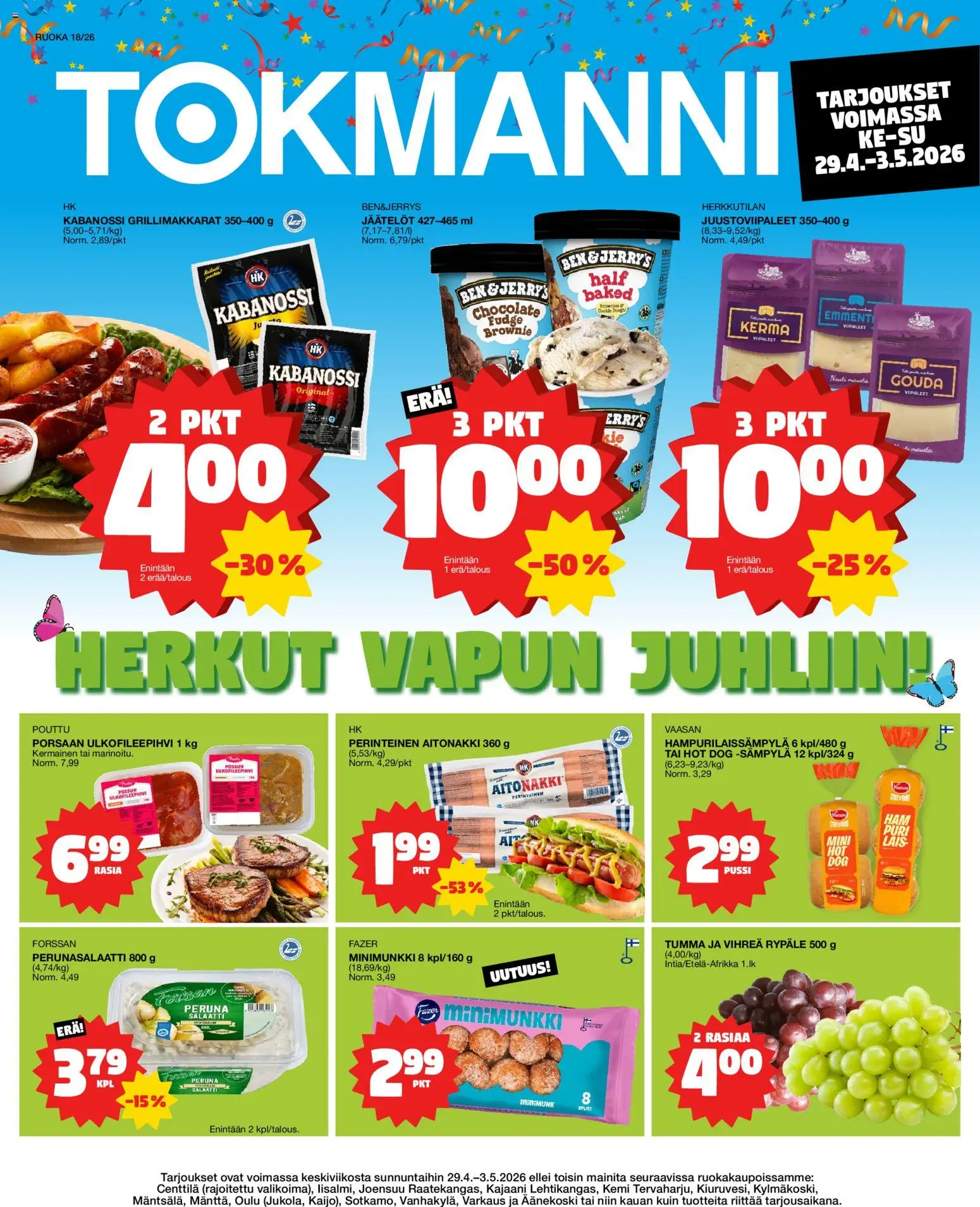 Tokmanni Ruokatarjoukset – voimassa 29.04.2026 alkaen | Sivu: 1 | Tuotteet: Peruna, Perunasalaatti, Kerma, Hot dog