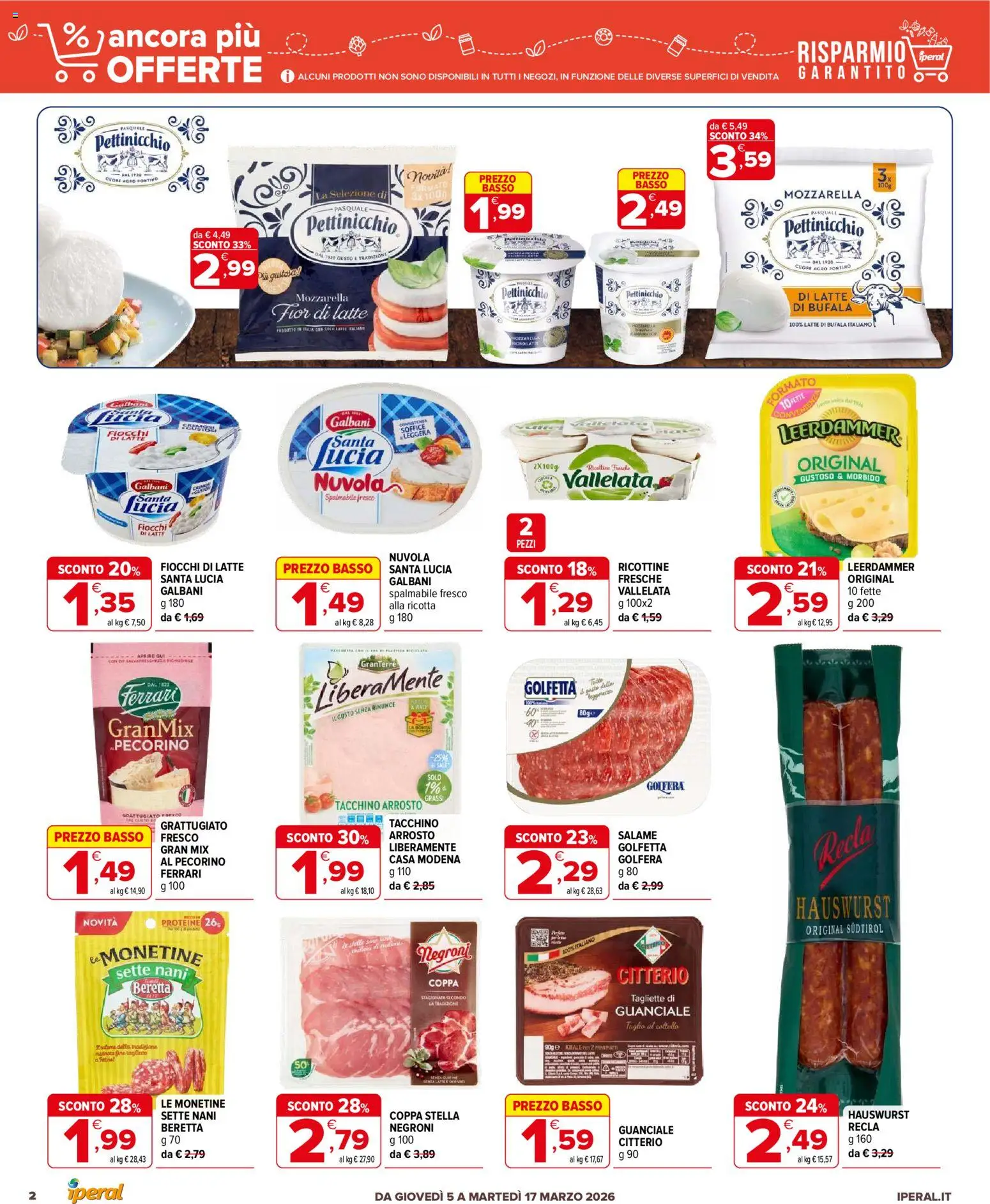 Volantino Iperal del 05.03.2026 | Pagina: 2 | Prodotti: Fiocchi di latte, Tacchino, Mozzarella, Latte