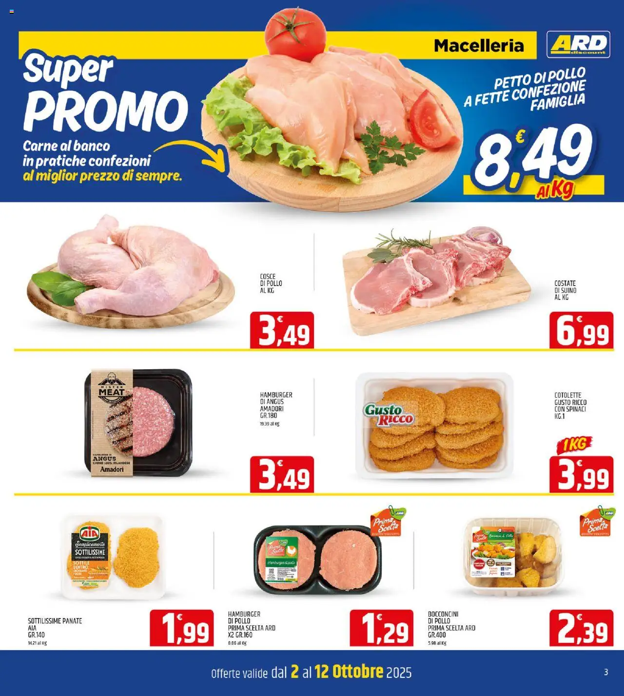 Volantino ARD Discount del 02.10.2025 | Pagina: 3 | Prodotti: Suino, Spinaci, Hamburger, Cosce di pollo