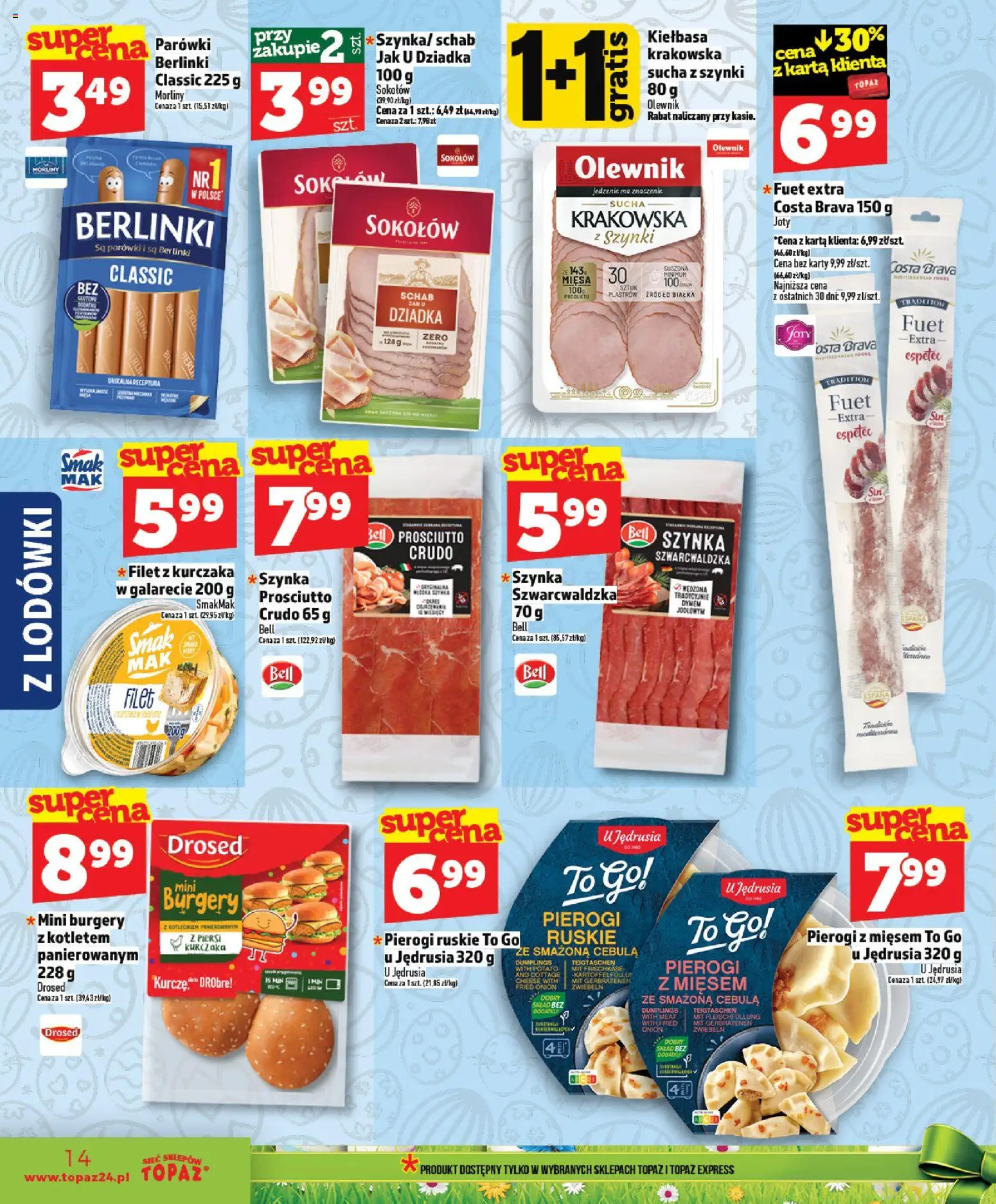 Topaz gazetka - MAZ od 26.03.2026 | Strona: 14 | Produkty: Kiełbasa, Filet z kurczaka, Szynka prosciutto, Prosciutto