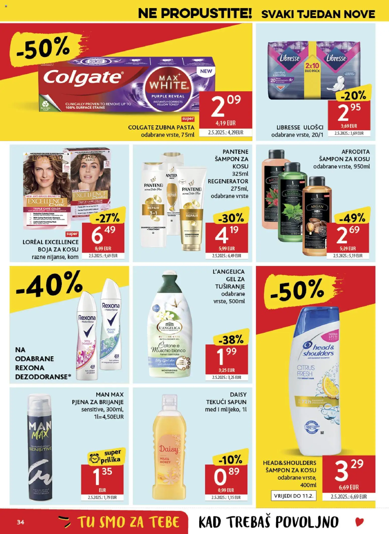 Konzum katalog | vrijedi od 28.01.2026 | Stranica: 34 | Proizvodi: Boja za kosu, Pjena za brijanje, Gel za tuširanje, Pasta
