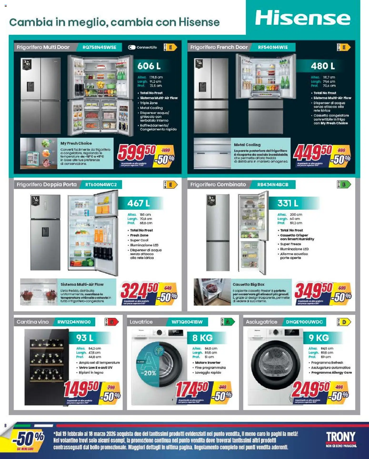 Volantino Trony del 19.02.2026 | Pagina: 8 | Prodotti: Acqua, Freezer, Congelatore, Frigorifero combinato