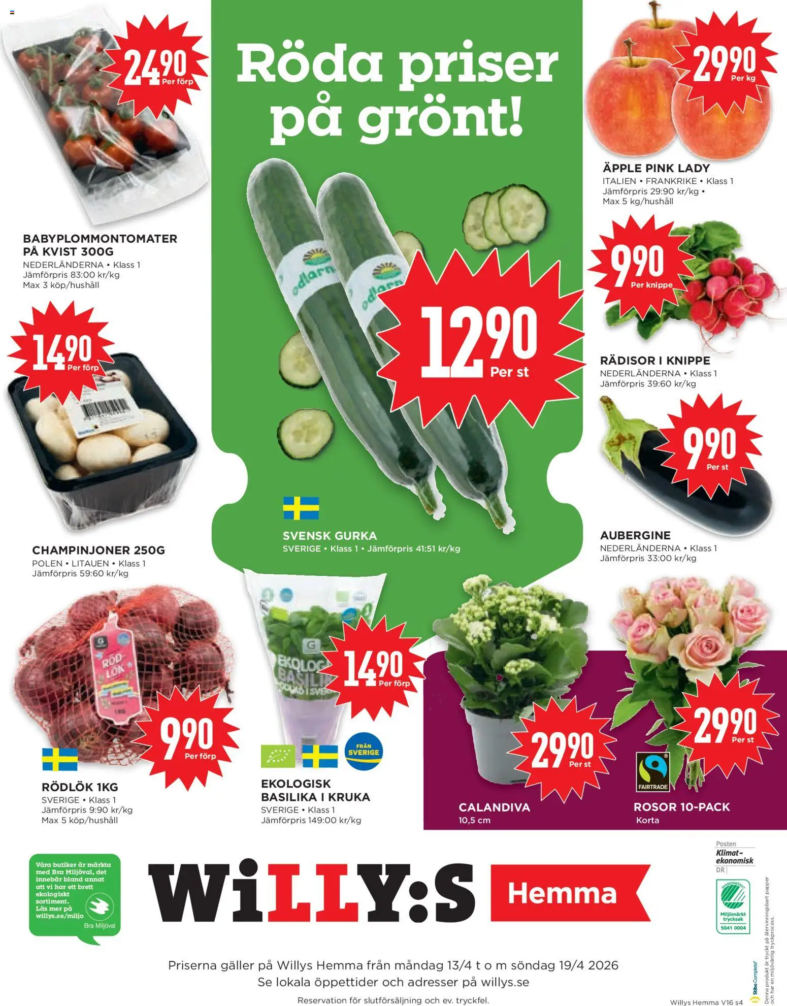 Willys reklamblad aktuell från 13.04.2026 | Sida: 4 | Produkter: Galler, Äpple, Papper, Basilika