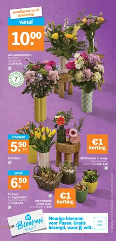 AH Bloemen in vaasje, De actieprijzen variëren van 5.00-6.50, €1 korting - Voorbeeld van een folder van Albert Heijn, geldig van 30.03.2026 | Pagina: 41