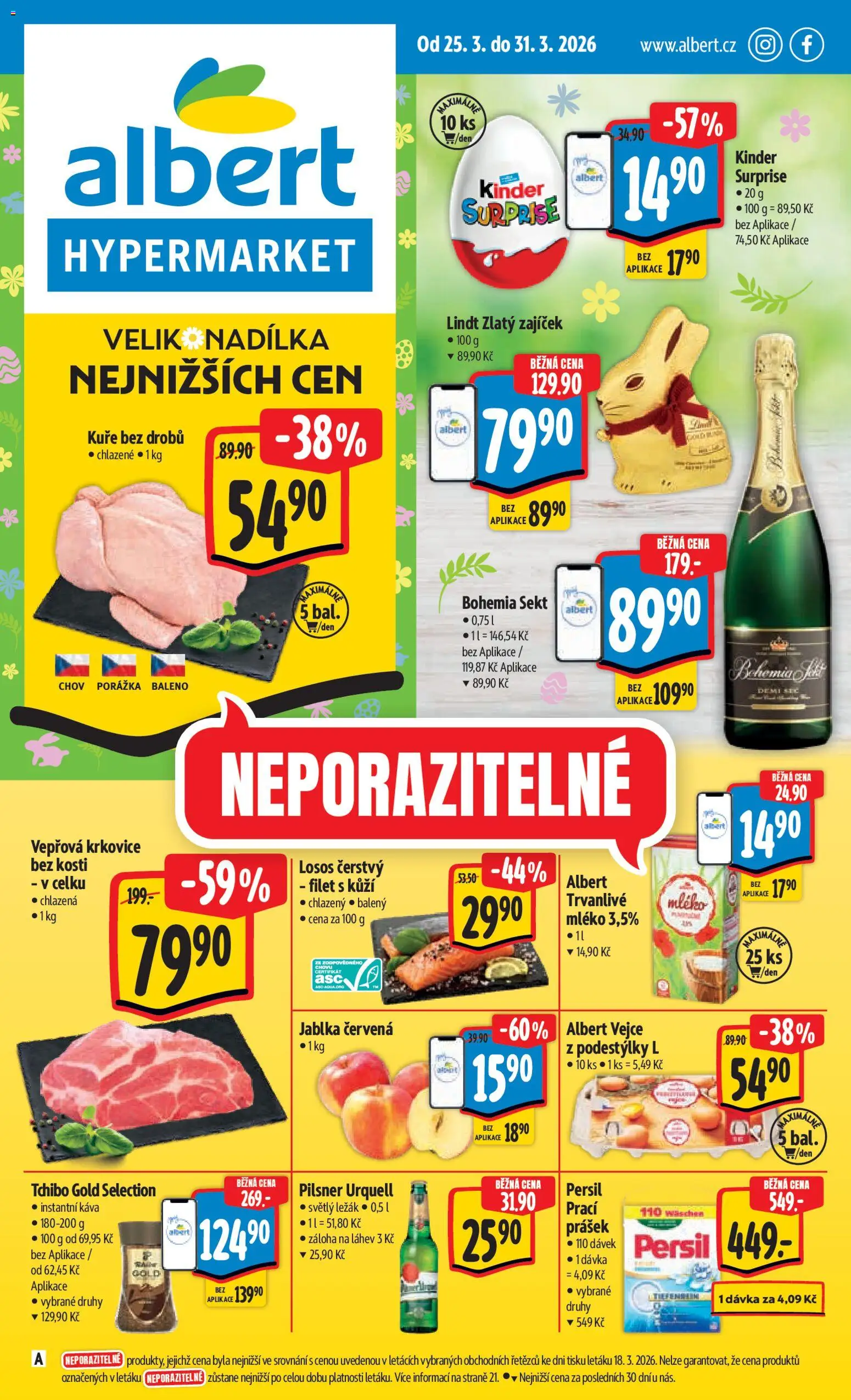 Albert leták - Hypermarket od 25.03.2026 | Strana: 1 | Produkty: Mléko, Vejce, Pilsner, Kinder