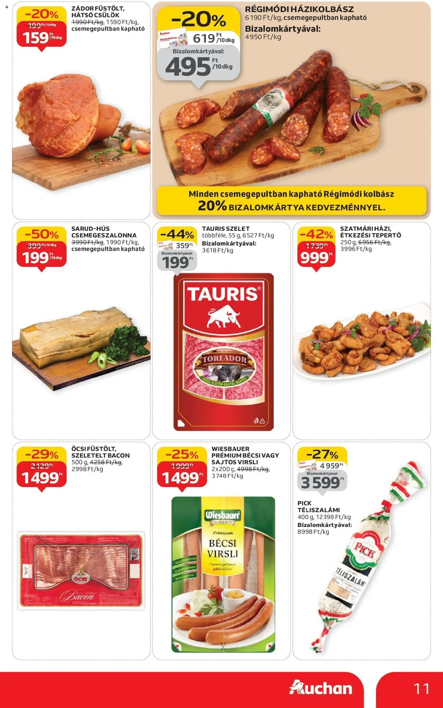Auchan akciós ujság - amely érvényes a következő dátumtól: 15.01.2026 | Oldal: 11 | Termékek: Kolbász, Szeletelt bacon, Bacon, Téliszalámi