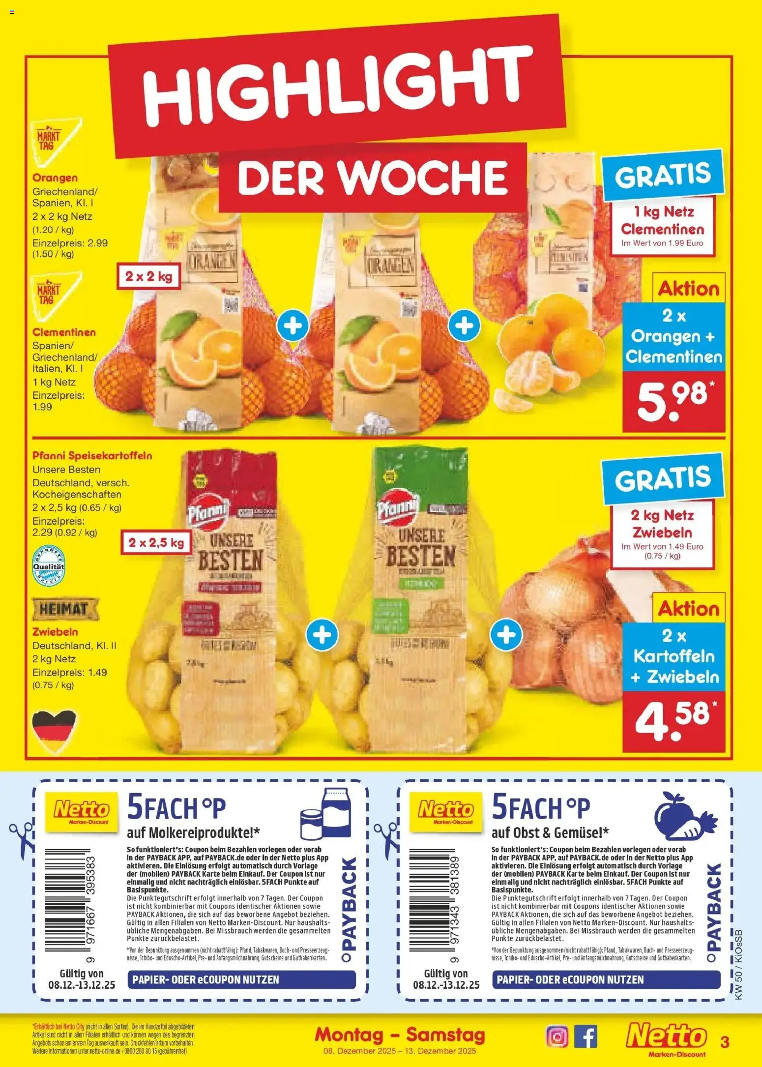 Netto Marken-Discount - Netto: Wochenangebote – gültig ab 07.12.2025 | Seite: 3 | Produkte: Kartoffeln, Zwiebeln, Gemüse, Obst