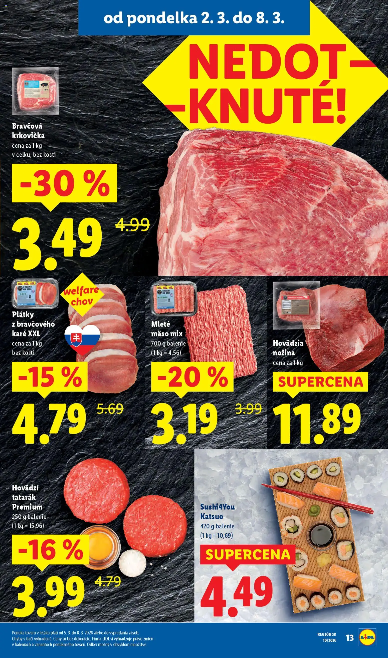 Nové Lidl akcie – leták je platný od 05.03.2026 | Strana: 53 | Produkty: Bravčová krkovička, Tatarák, Sushi, Mleté mäso