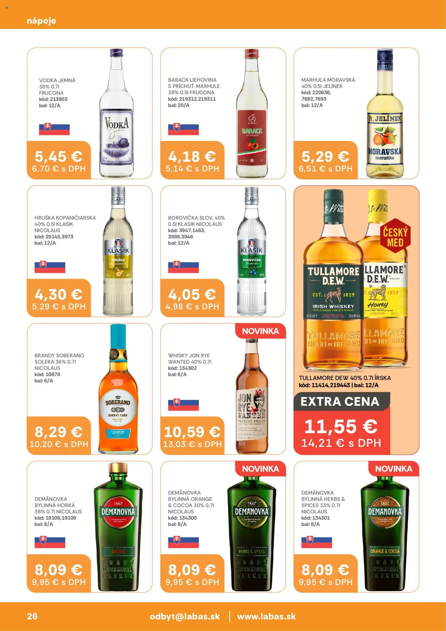 Nové Labaš akcie – leták je platný od 24.04.2026 | Strana: 26 | Produkty: Soberano, Brandy, Tullamore Dew, Marhule