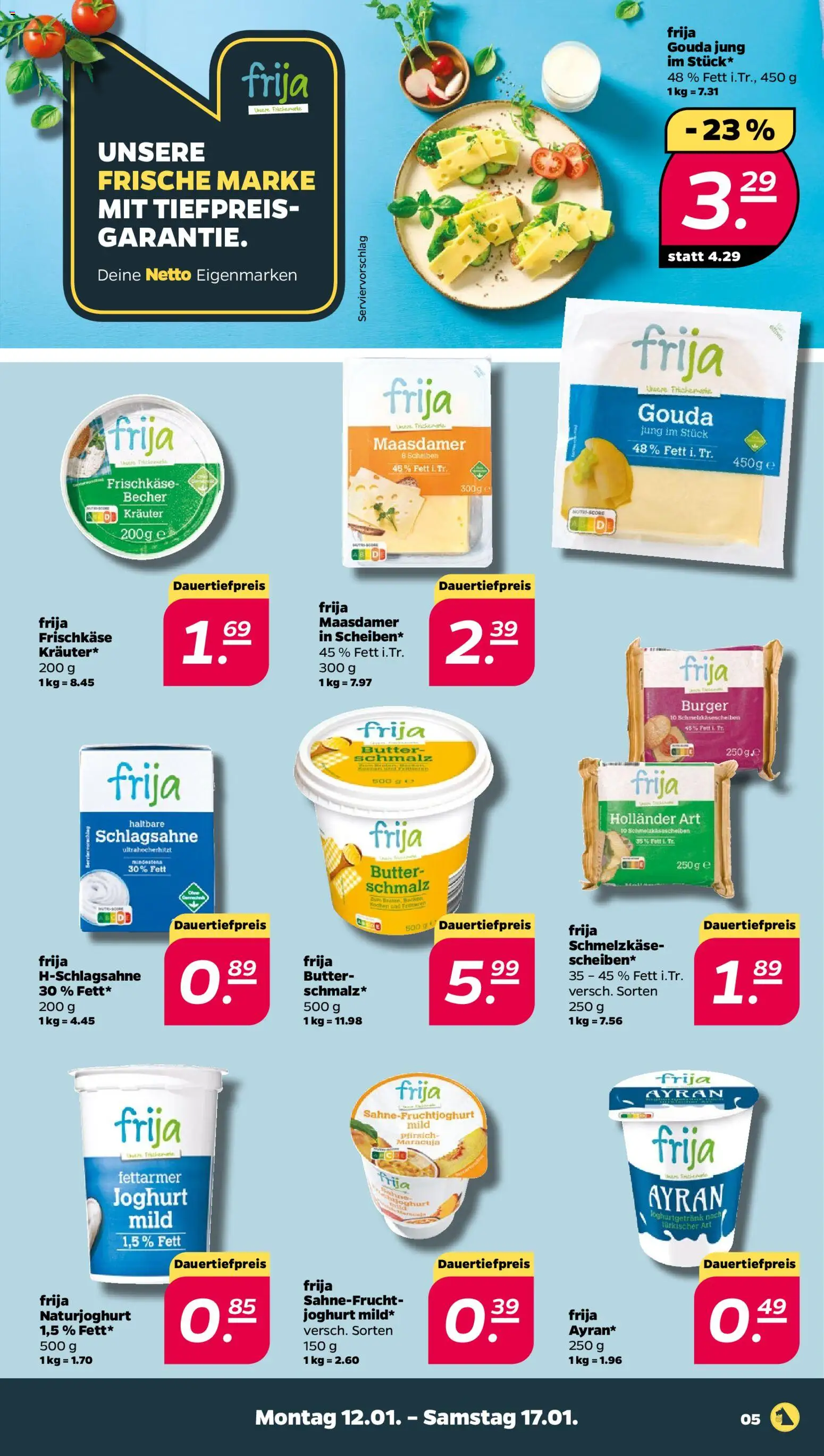 Netto Prospekt 	 – gültig ab 12.01.2026 | Seite: 5 | Produkte: Schlagsahne, Joghurt, Burger, Pfirsich