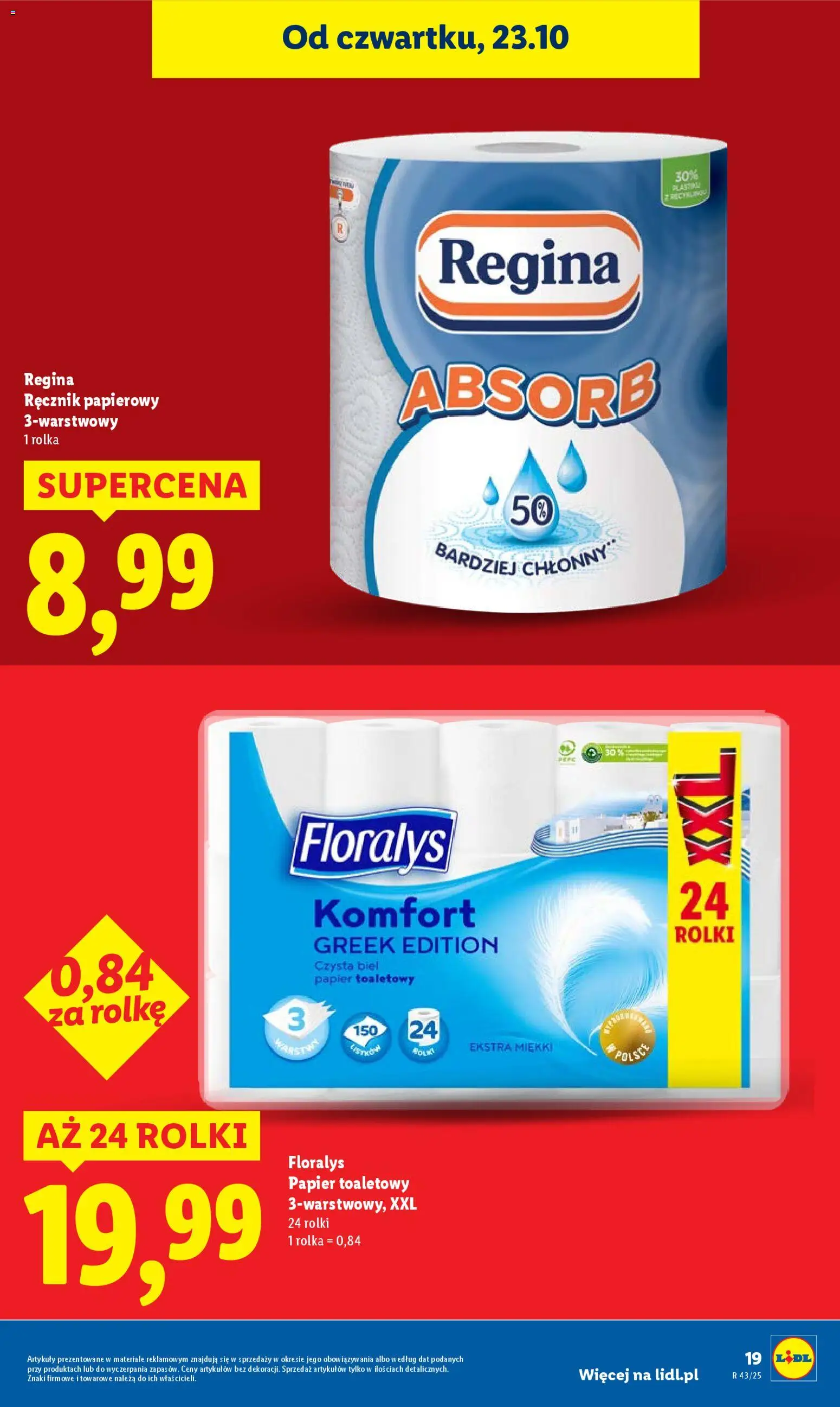 Lidl Gazetka od 23.10.2025 | Strona: 19 | Produkty: Papier toaletowy, Rolki, Ręcznik papierowy