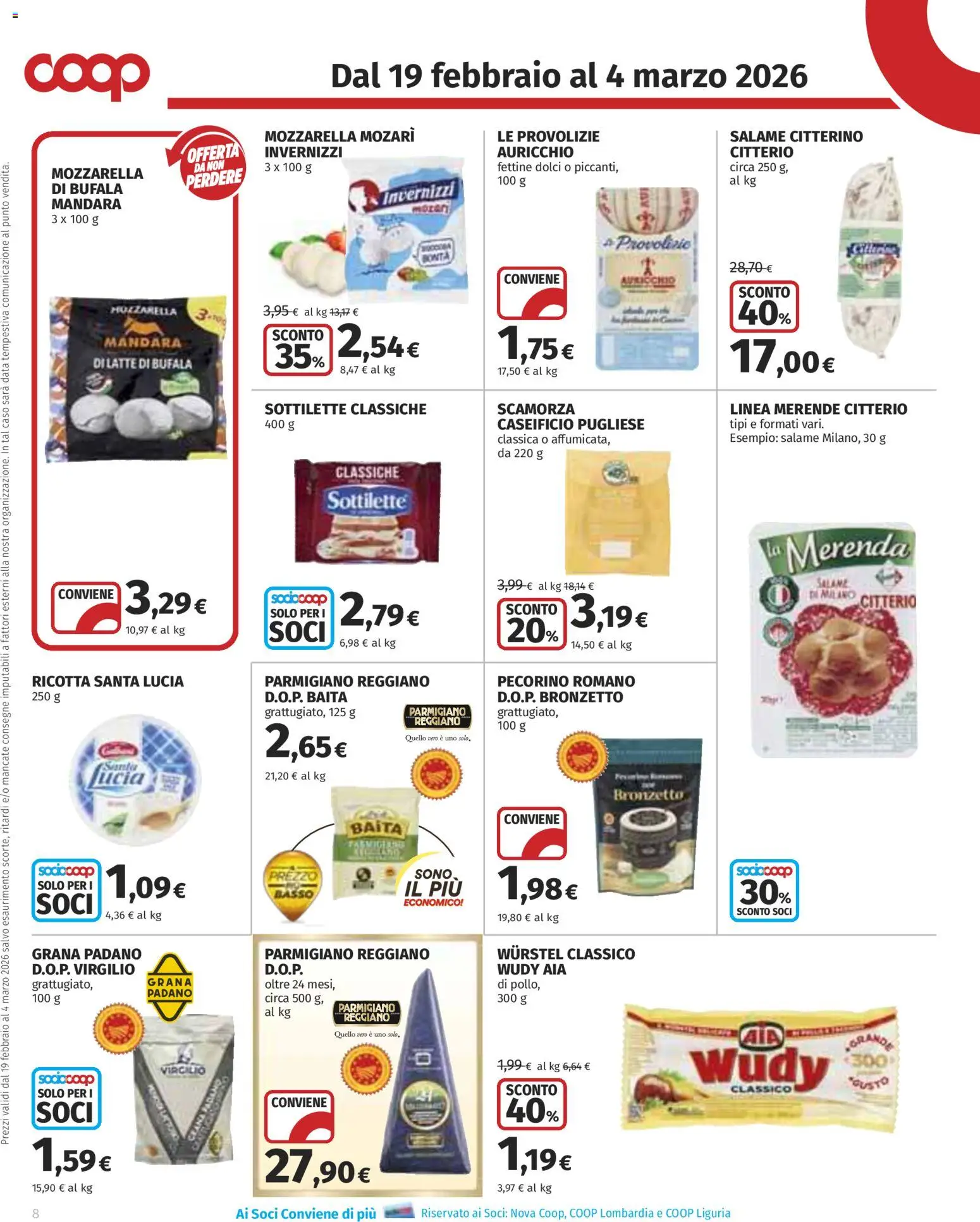 Volantino COOP del 19.02.2026 | Pagina: 8 | Prodotti: Mozzarella, Ricotta, Parmigiano reggiano, Parmigiano