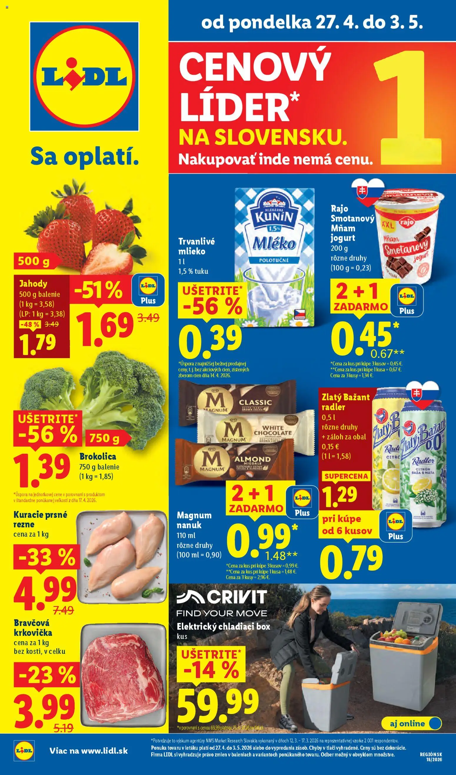 Nové Lidl akcie – leták je platný od 27.04.2026 | Strana: 1 | Produkty: Chladiaci box, Mlieko, Nanuk