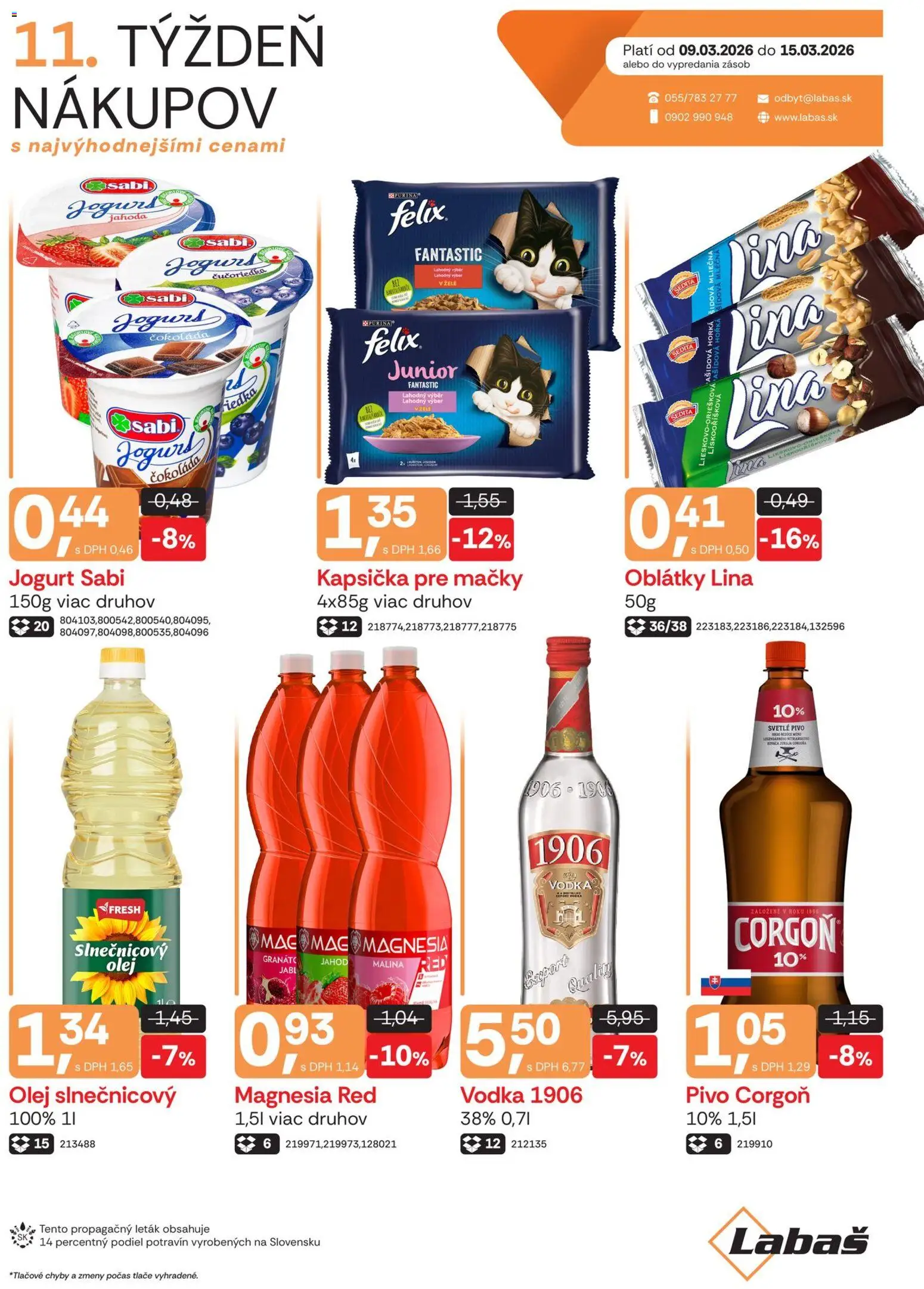 Nové Labaš akcie – leták je platný od 09.03.2026 | Strana: 1 | Produkty: Jogurt, Felix, Čokoláda, Corgoň