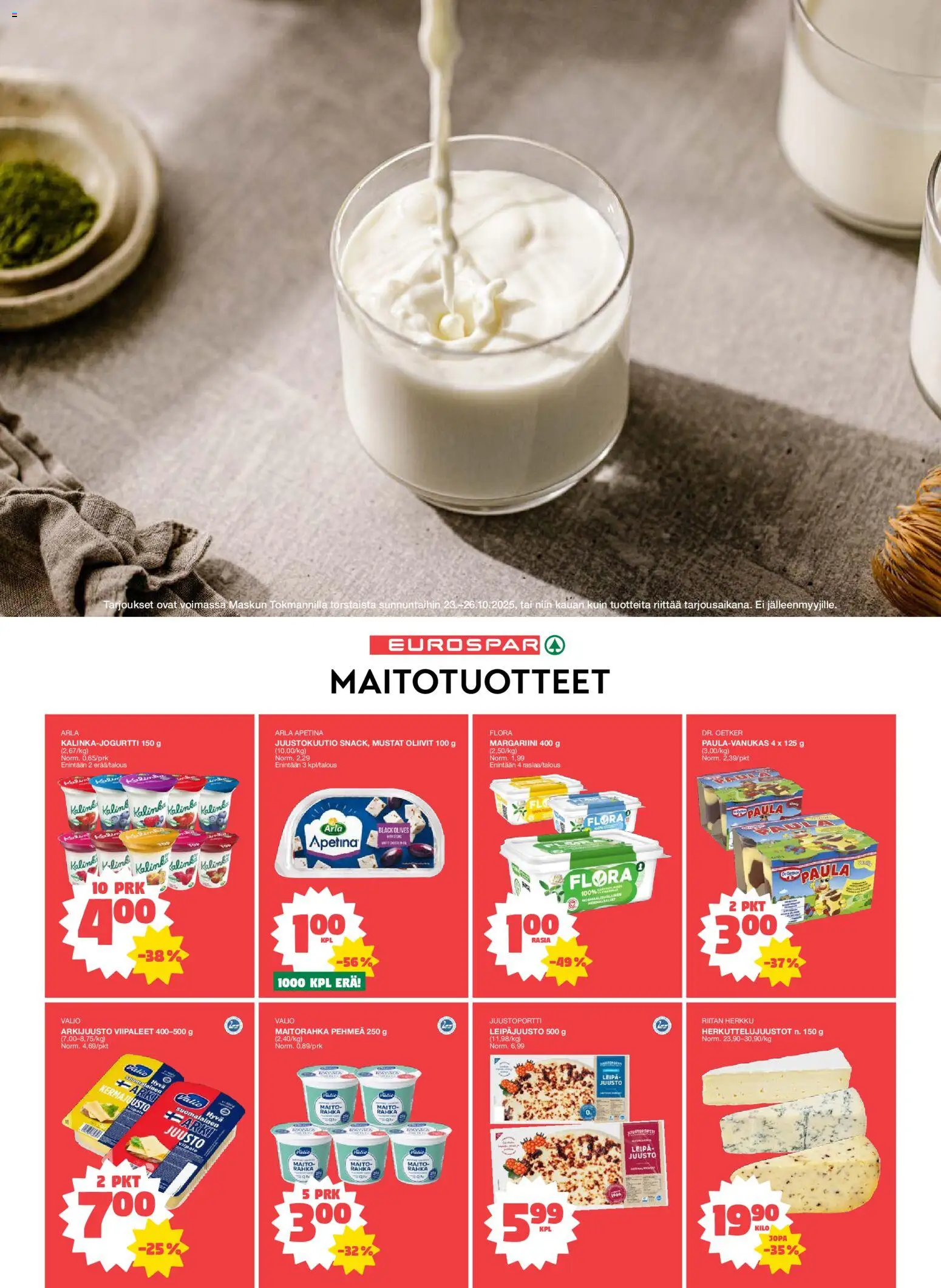 Tokmanni - EUROSPAR Masku Avajaistarjoukset – voimassa 23.10.2025 alkaen | Sivu: 4 | Tuotteet: Mustat oliivit, Kermajuusto, Maito, Leipä