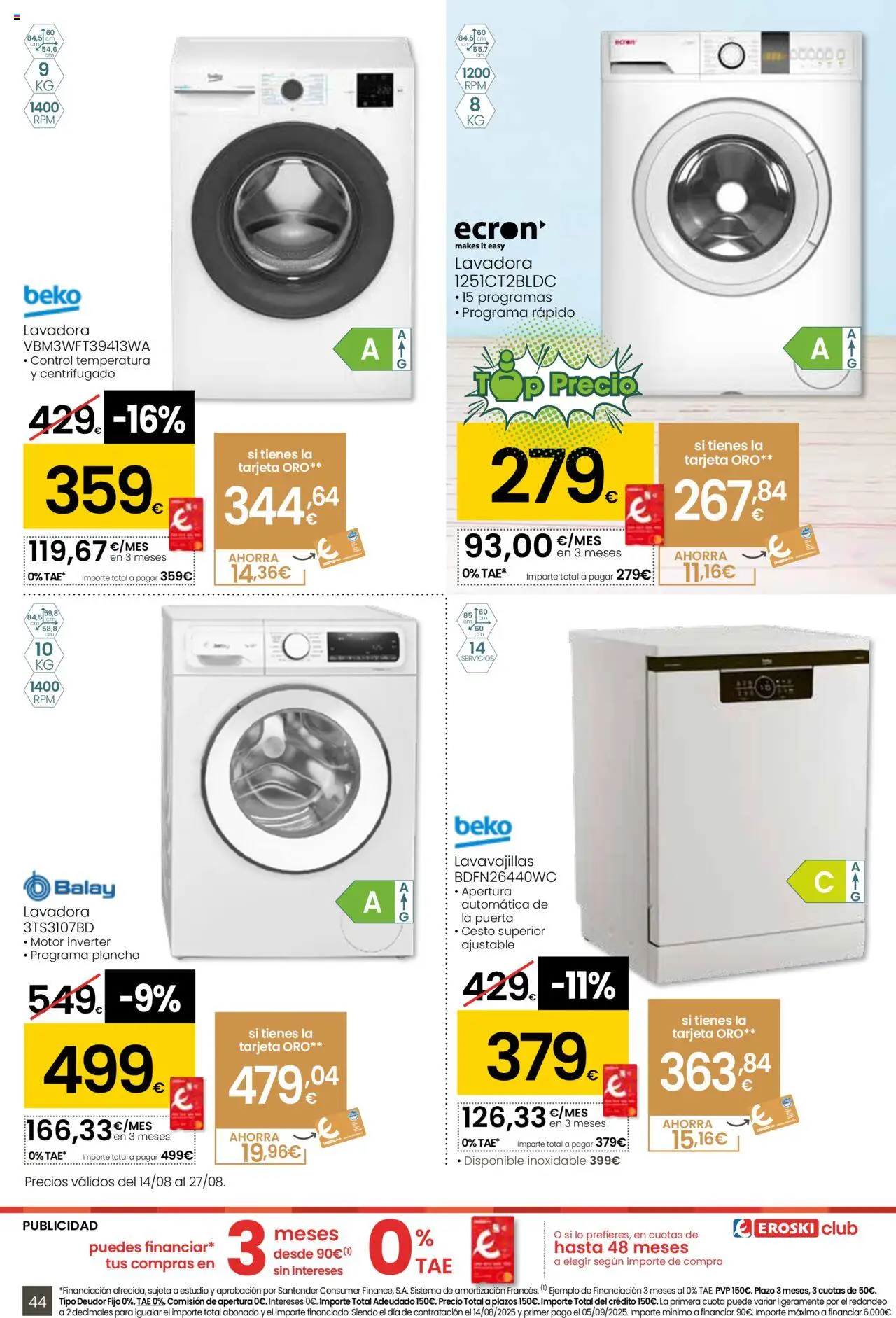 Eroski - Para conquistarte │ válido desde el 14.08.2025 | Página: 44 | Productos: Lavadora, Lavavajillas, Plancha