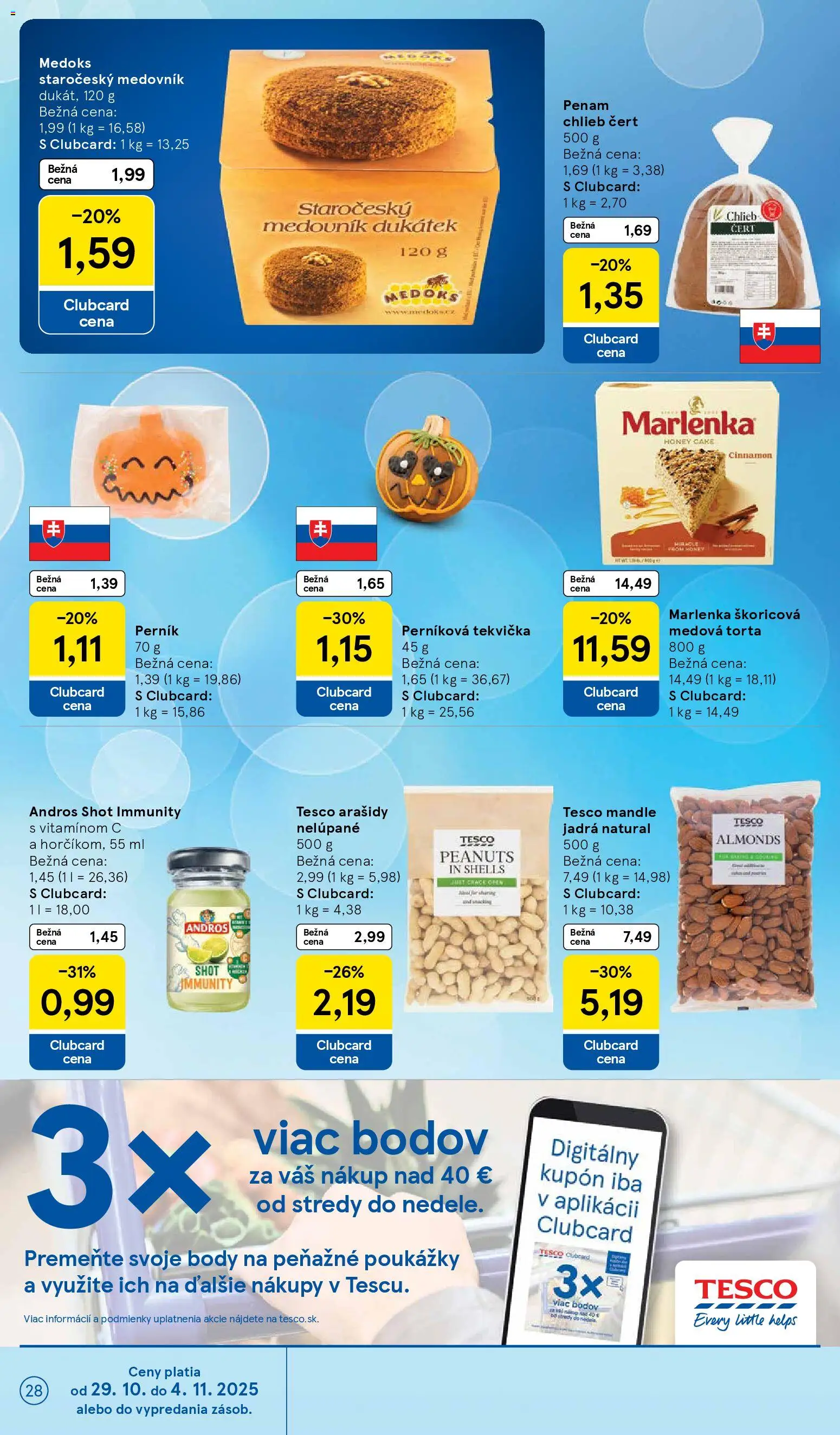 Nové Tesco akcie – leták je platný od 29.10.2025 | Strana: 28 | Produkty: Chlieb, Torta, Marlenka, Mandle