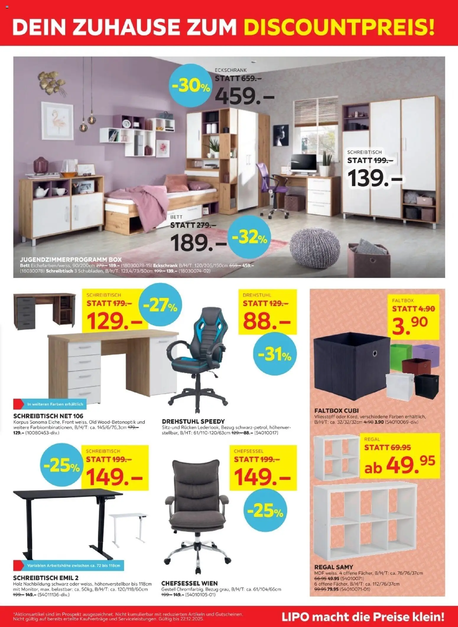 Lipo Aktionen -50% – gültig ab 09.12.2025 | Seite: 9 | Produkte: Regal, Box, Chefsessel, Bett