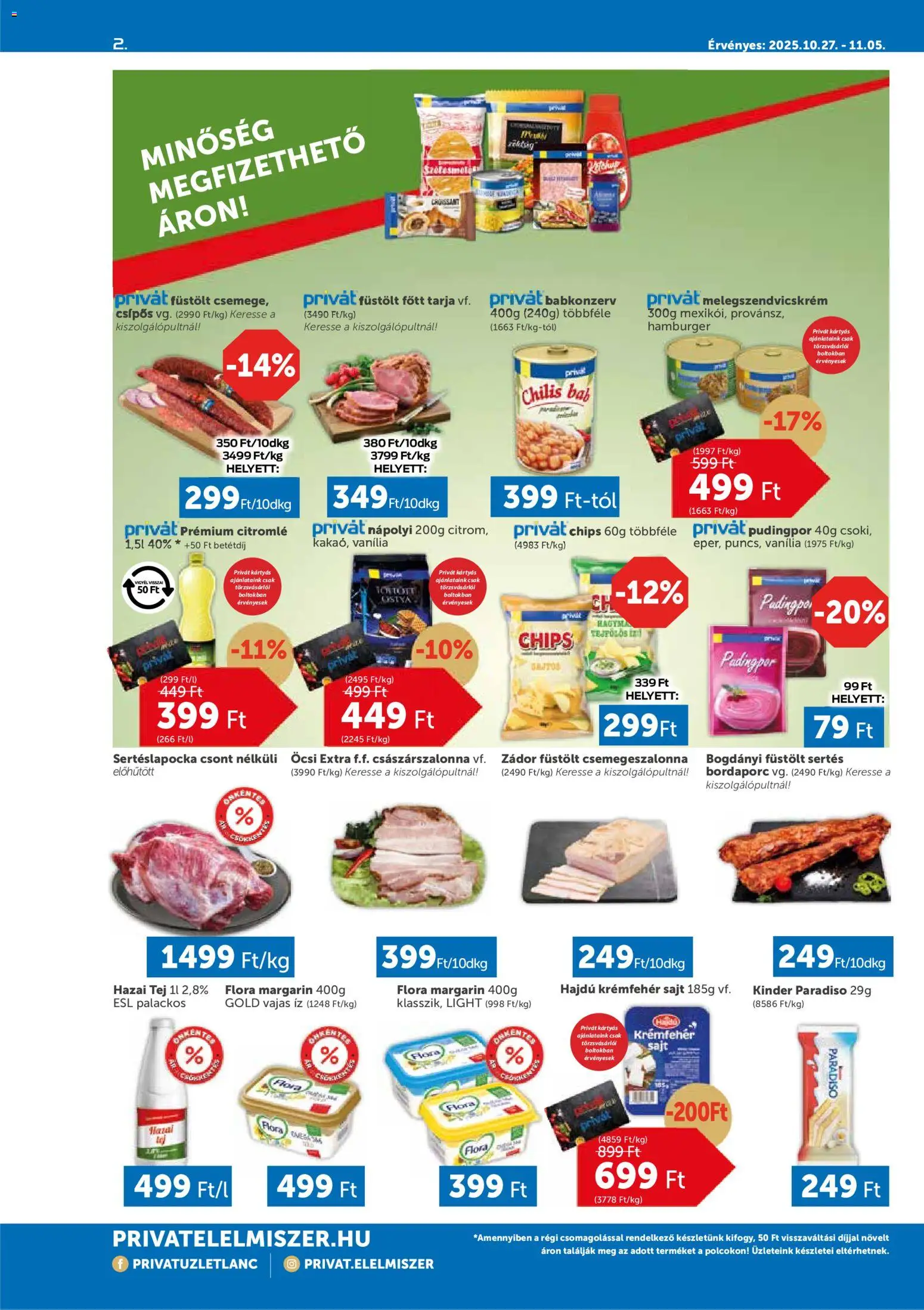 PRIVÁT akciós ujság - amely érvényes a következő dátumtól: 27.10.2025 | Oldal: 2 | Termékek: Chips, Hamburger, Császárszalonna, Melegszendvicskrém