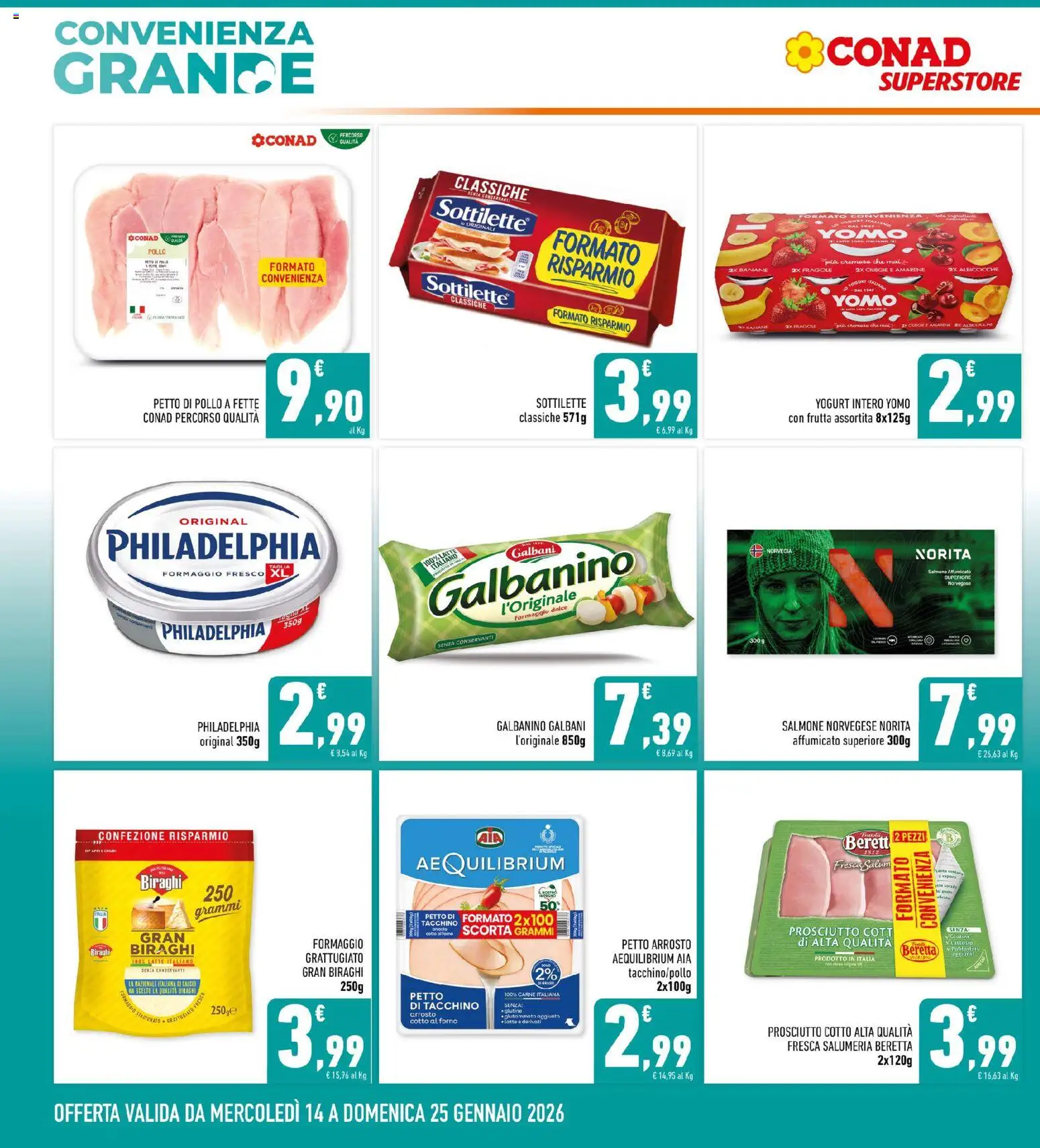 Volantino Conad del 14.01.2026 | Pagina: 2 | Prodotti: Salmone affumicato, Arrosto, Banane, Formaggio
